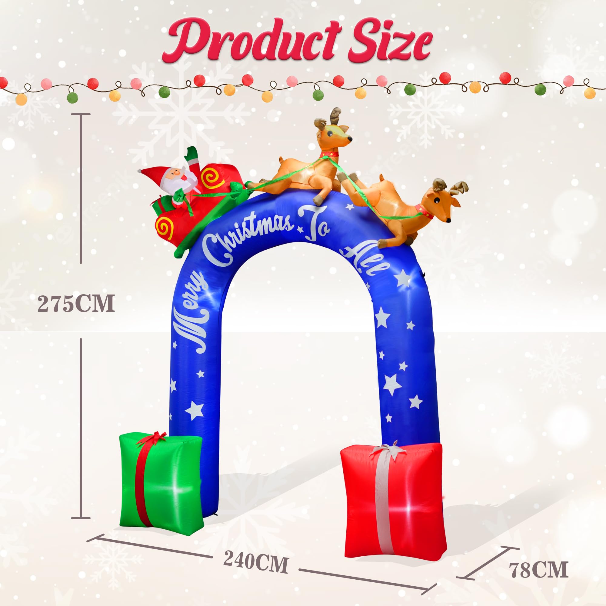 Babbo Natale gonfiabile alto 2,7 m che cavalca una renna con foglio, decorazione esterna, arco natalizio con regali, W-CL2250-270