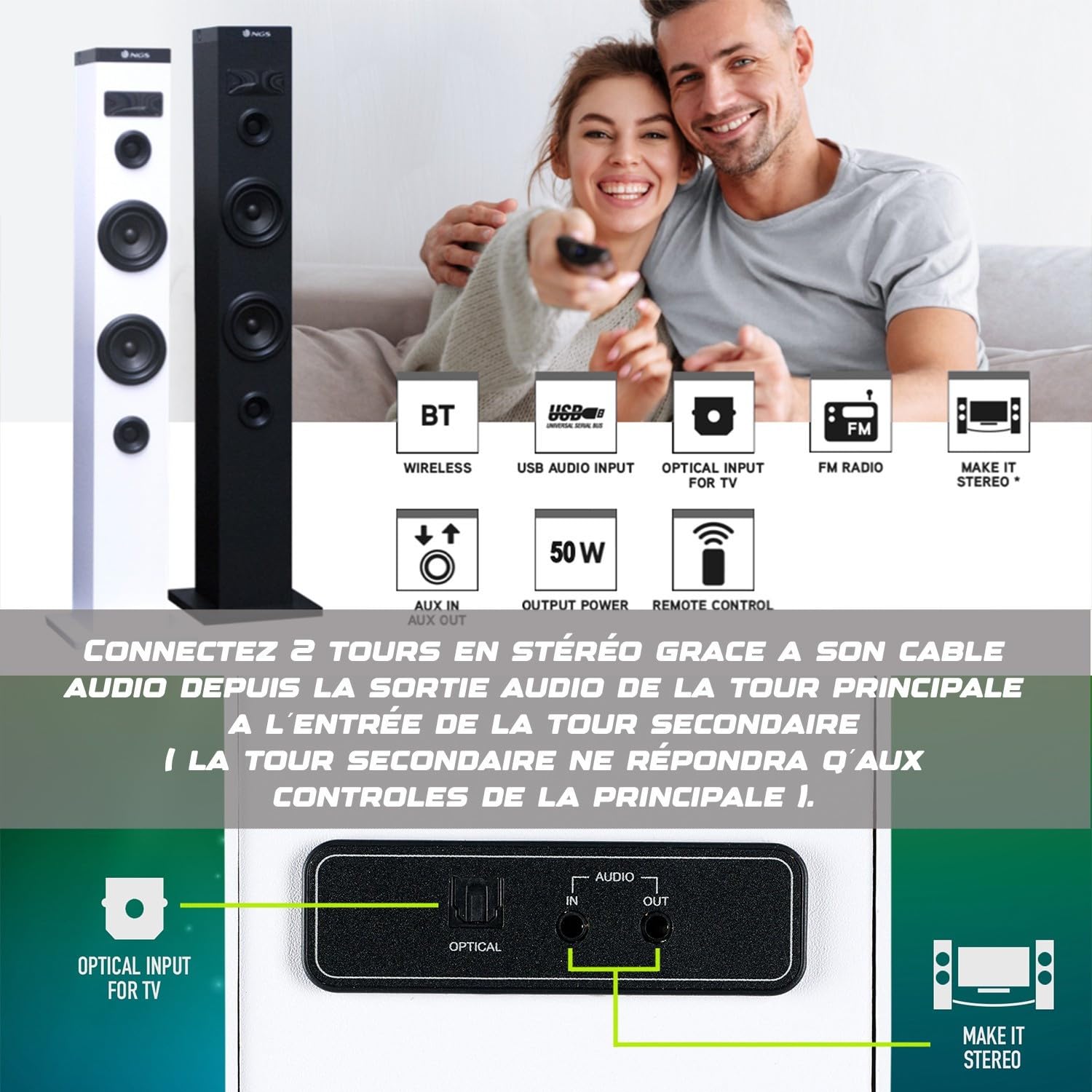 Bmi Enceinte Colonne Tour de Son Bluetooth 50W NGS SKYCHARM avec Télécommande, Entrée Optique, USB, Radio FM et AUX in - White