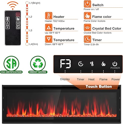 Miniatura 5 de Chimenea eléctrica ultrafina de 40 pulgadas, chimenea eléctrica empotrada y montada en la pared con temporizador, control remoto, color de llama