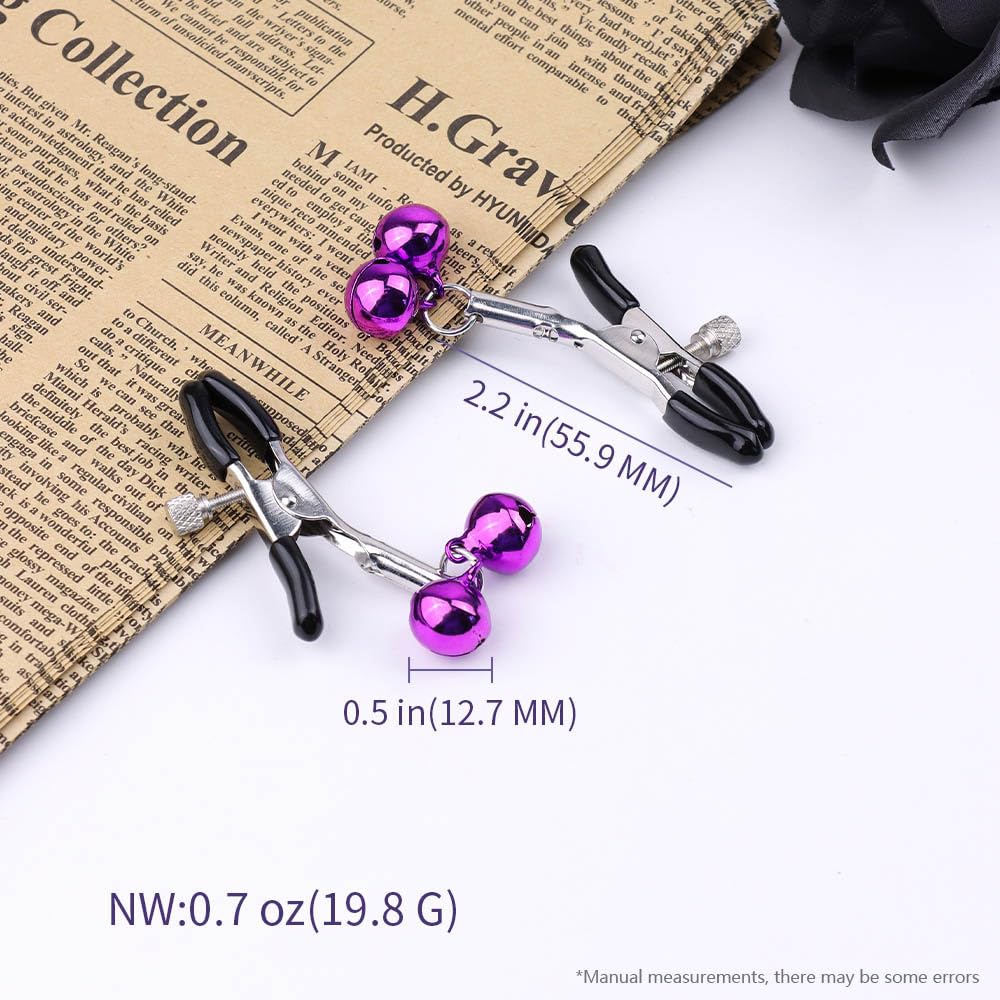 2Pcs Nipple Clamps BDSM Nipple Toys, Adjustable Metal Nipple Clips, Non-Piercing Nipple Rings Stainless Steel Clamp with Purple Bells, Breast Flirting Stimulation Adult Sex Toy for Women Couples