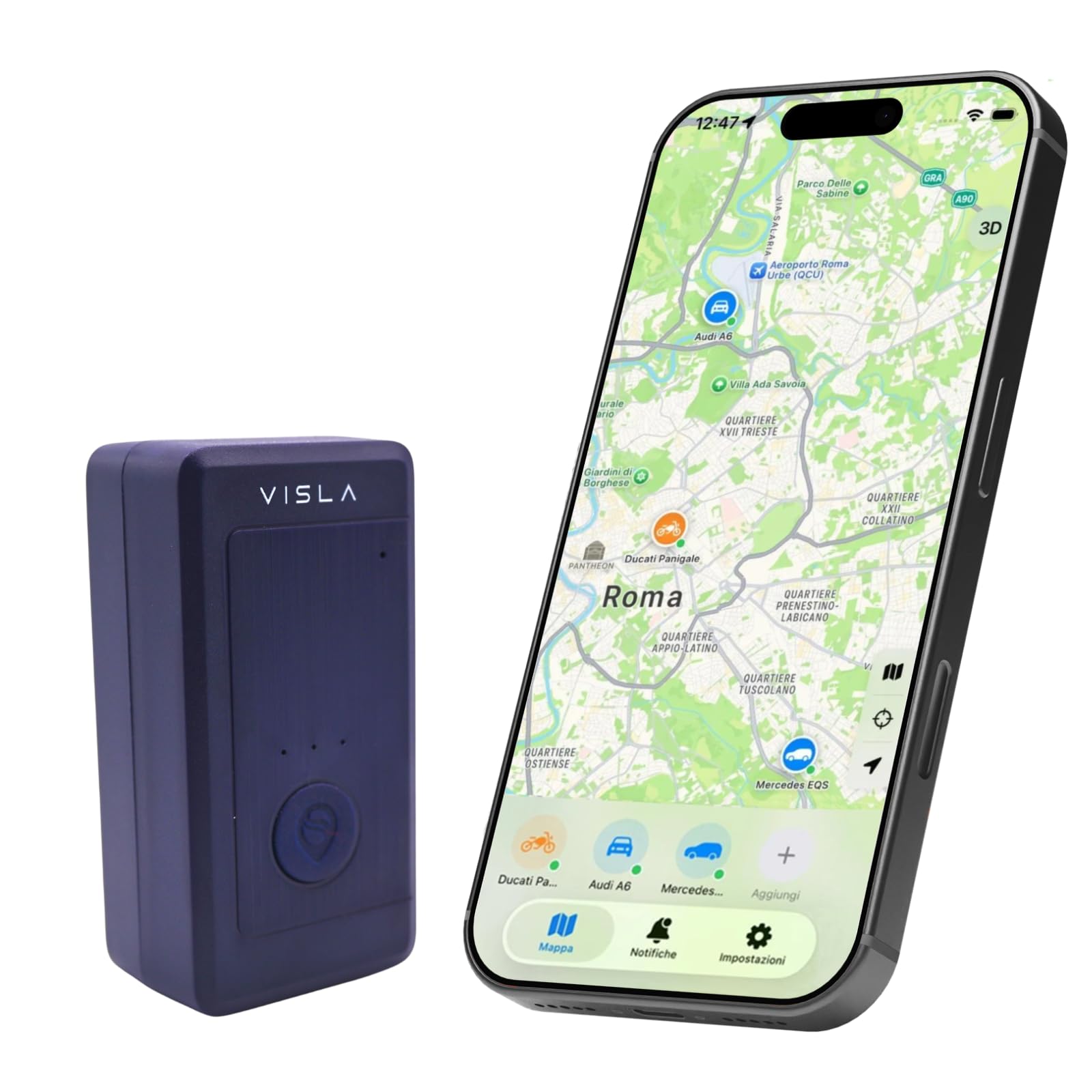 Visla Nomad 4G Europa - Antifurto GPS localizzatore per Auto e Moto - SIM integrata 4G LTE/EDGE - No cavi - Batteria - Telefonata di Allarme e Live Tracking in Caso di Furto (Nomad)