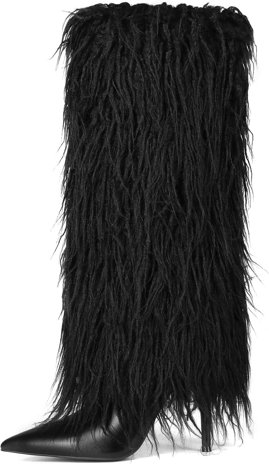Women's Fur Knee High Boots Female Stiletto Heel Furry Side Zipper Pointed Toe Black Clubwear Party Evening Tall Boots Size 8.5