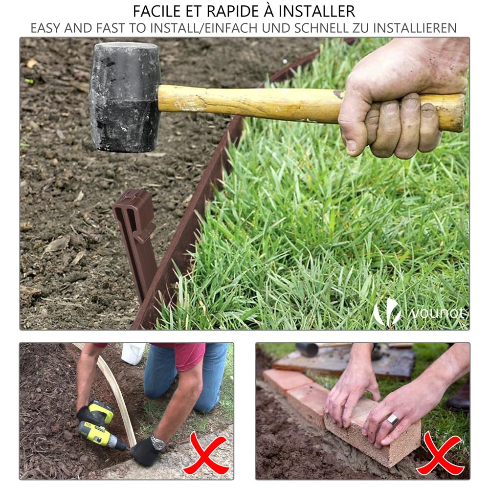 VOUNOT® Bordo Giardino Flessibile, Bordi Aiuole PE Bordura per Prato con Picchetti di Fissaggio, Lunghezza 20m Altezza 13cm Spessore 3mm, Marrone
