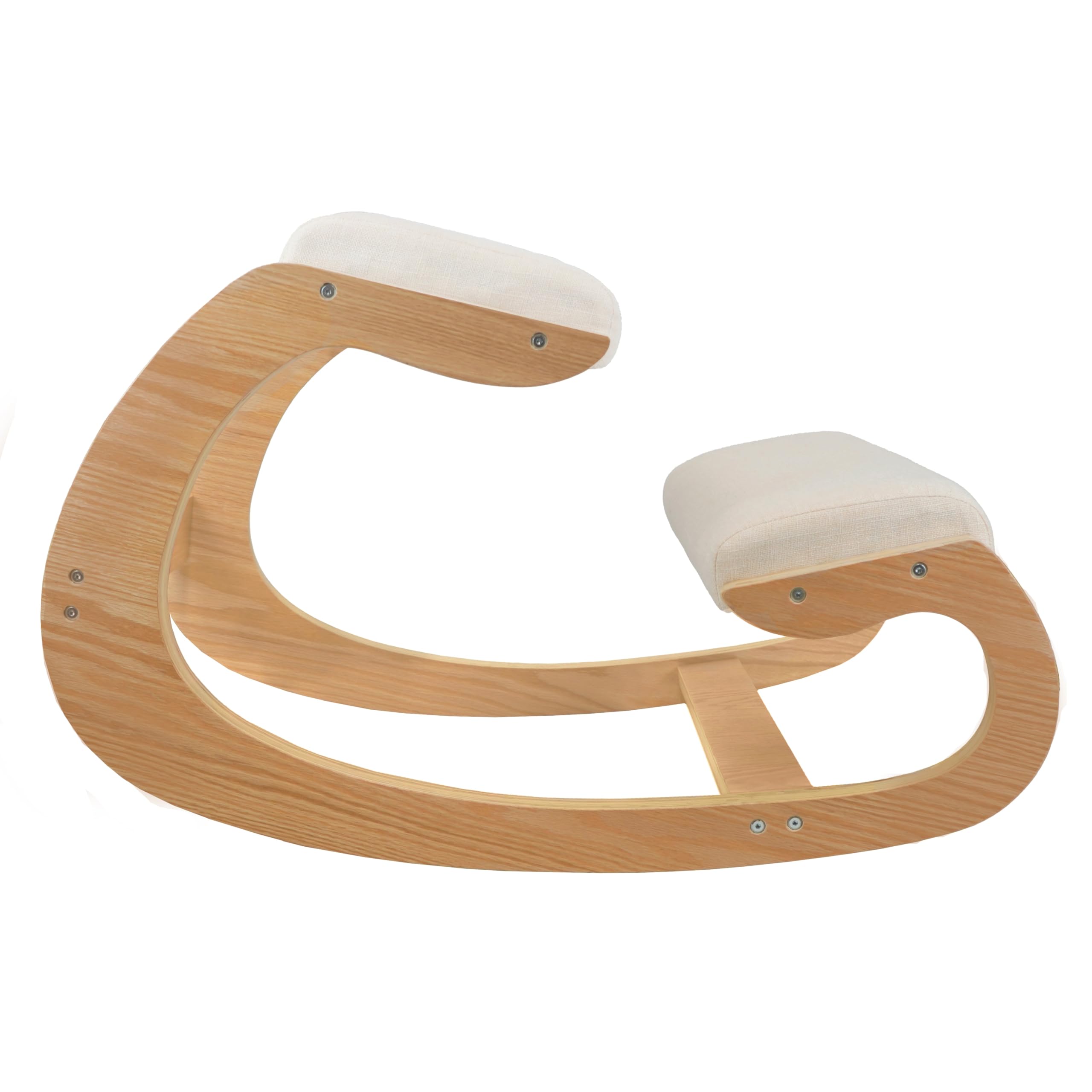 Chaise Ergonomique à Genoux en Bois Chêne Coussins en Lin Blanc Épais 8 cm Capacité de 120 kg - Bureau & Maison - Siège à Bascule Orthopédique – Meilleure Posture [2 Repose-Poignets INCLUS]