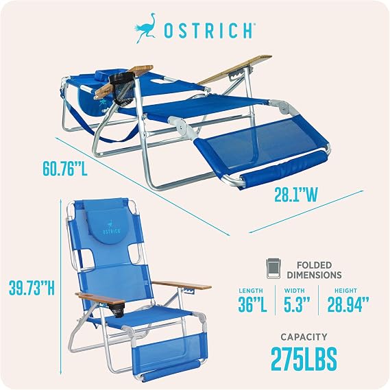 Ostrich the Original 3N1 Lightweight Beach Reclining Lounge Chair with Footrest, Outdoor Furniture for Patio, Balcony, Backyard, or Porch, Blue