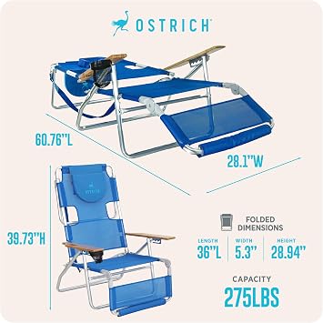 Ostrich the Original 3N1 Lightweight Beach Reclining Lounge Chair with Footrest, Outdoor Furniture for Patio, Balcony, Backyard, or Porch, Blue