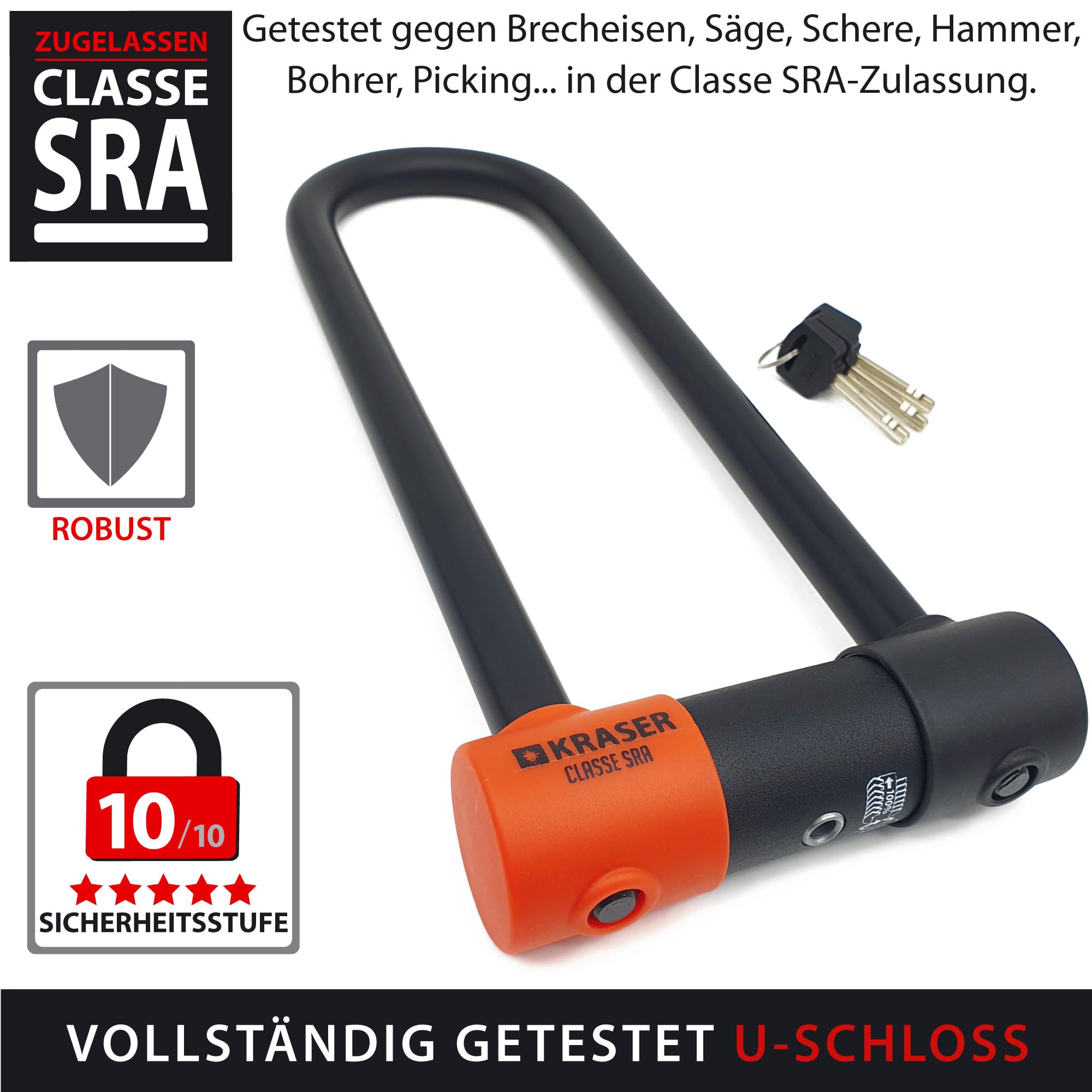 KRASER KR85L Anti-Diebstahl Motorrad Fahrradschloss Bügelschloss Vorhängeschloss U Homologiert SRA-Schloss Sicherheit Solides Schloss 85x300 Ø18 Diebstahlsicherung Motorräder Motorroller Fahrrad