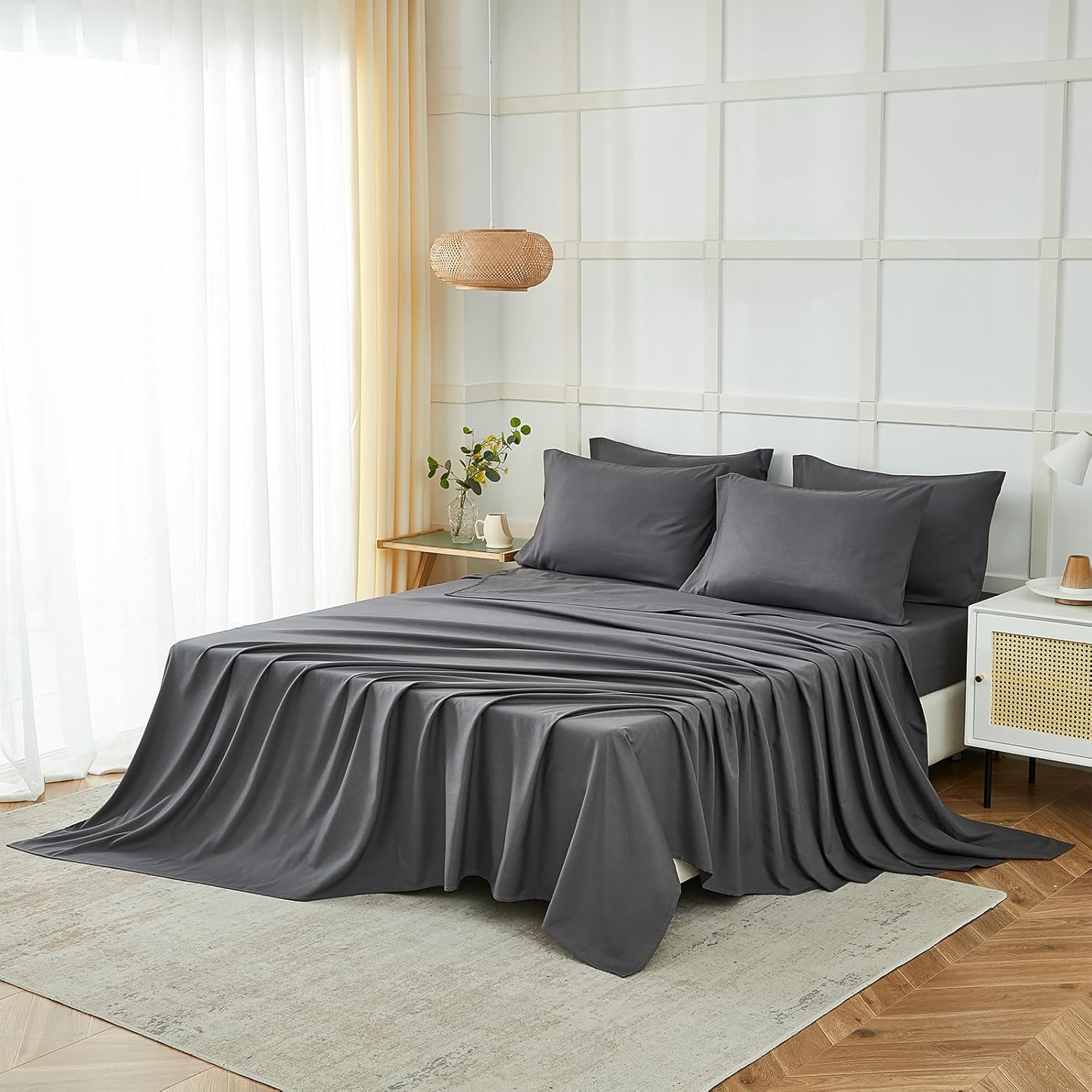 ILAVANDE King Size Sheets Set 6 Piece,Hotel Luxury Super Soft 1800 Series Microfiber Grey Bed Sheets King Set-Wrinkle Free & Breathable-14 Deep Pocket Sheets for King Size Bed(King,Grey)