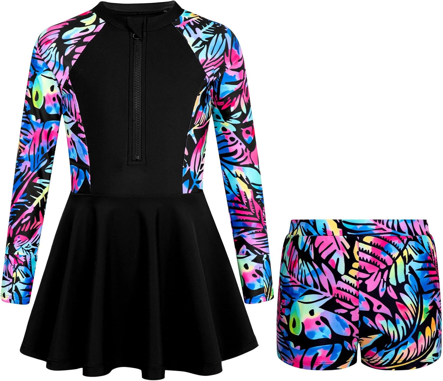 HOZIY Girls Long Sleeve Swimsuit Two Piece Rash Guard Dress with Swim Shorts Front Zip for Kids Tween Teens UPF 50+