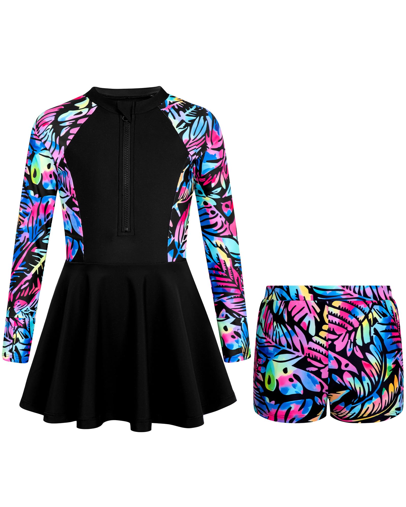 HOZIY Girls Long Sleeve Swimsuit Two Piece Rash Guard Dress with Swim Shorts Front Zip for Kids Tween Teens UPF 50+ 5-6 Years Black Tropical Leaf