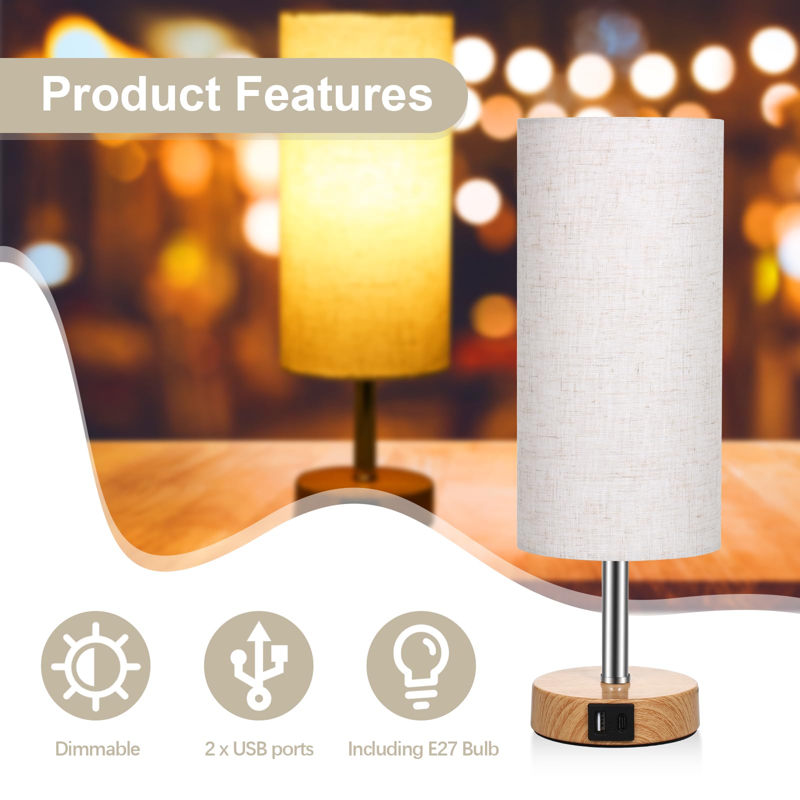 Neoglint Abat Jour da Comodino Coppia, Lampada Touch da Comodino Dimmerabile con 4 Porte di Ricarica USB,Paralume in Tessuto Bianco, Attacco E27, Include 2 Lampadine Bianco Caldo (3000K)