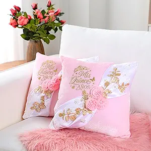 2 Pcs Cojines para 15 Años De Quinceañera Pink Quinceanera Embroidered Pillow Cover Set Cojines para 15 Años De Quinceañera Decorations Mis Gifts