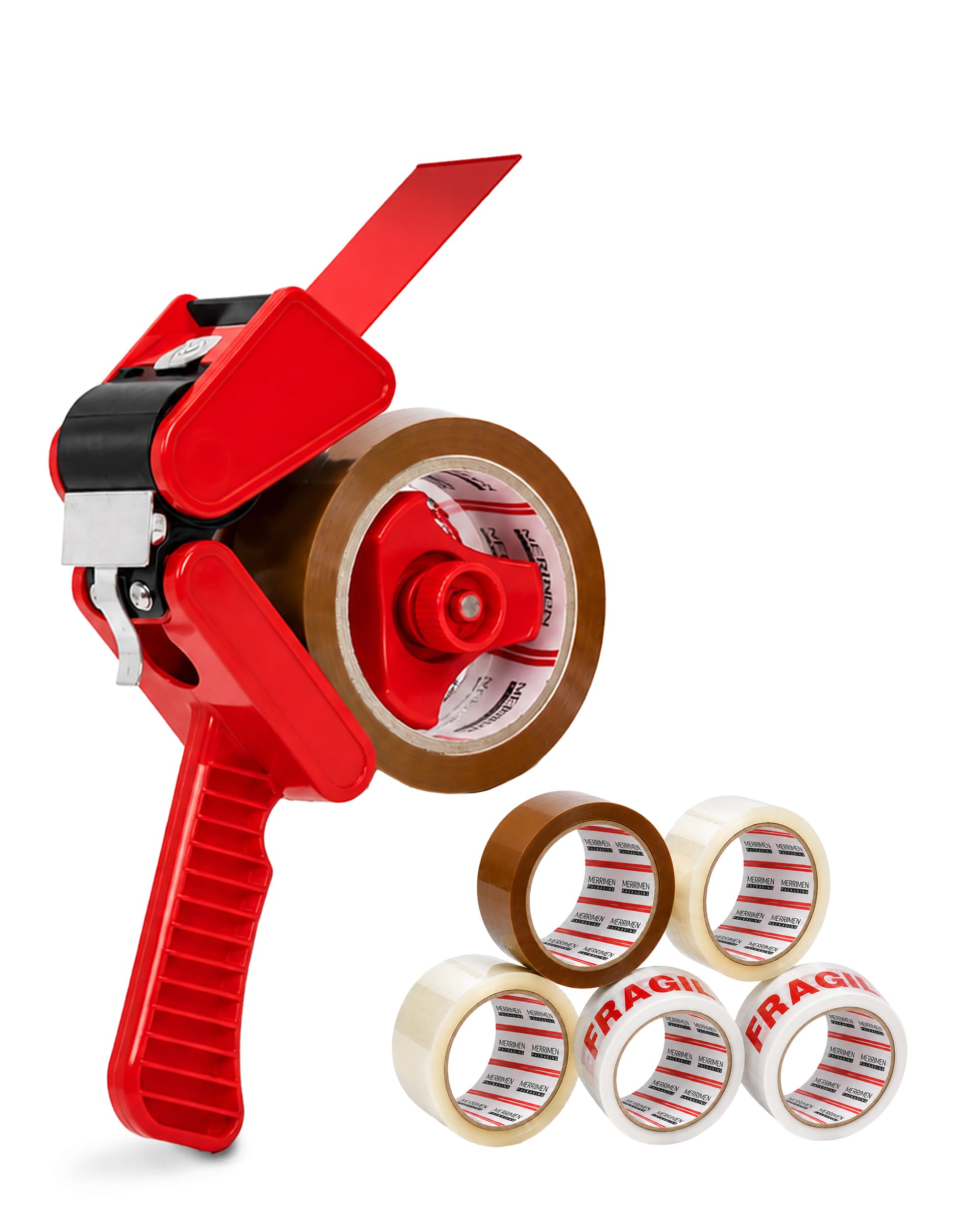 Merrimen Strong Heavy Duty Rolls Packaging Tape with Dispenser, Secure Sticky Sealing Tape for Parcel Boxes, Moving Boxes, Large Postal Bags (48MM x 66M) (Mixed, 6 rolls with Dispenser)