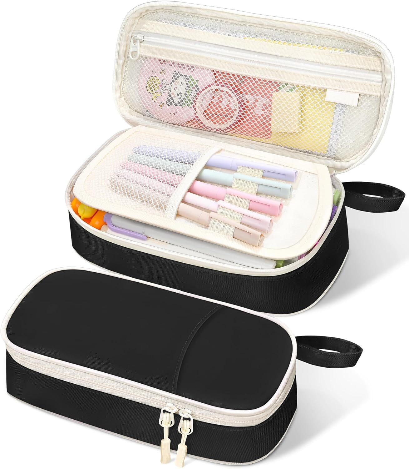 Black Large Capacity Zipper Pencil Bag Stylish Aesthetic Stationery Pouch Multi-Functional Storage Case for Teen Girls Adults School Office Supplies