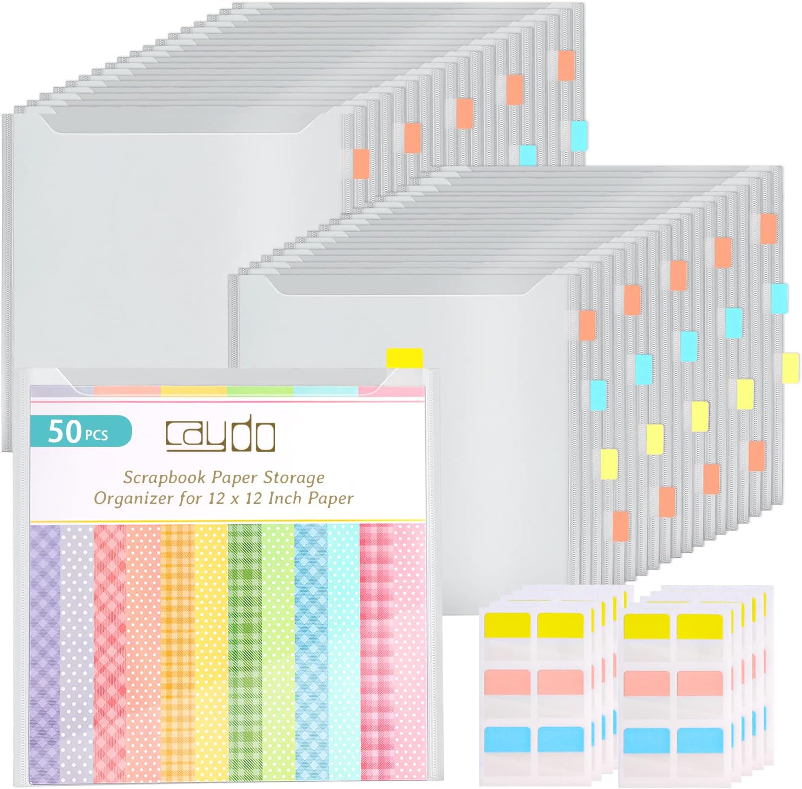 Caydo 50-Piece Scrapbook Paper Storage Organizer with 120 Sticky Tabs, 12 x 12 Inch, White, Classic Style, A3 Paper Size, 50 Pockets, Top Tabs, Holds 60 Sheets, 13 x 12.6 Inch / 33cm x 32cm