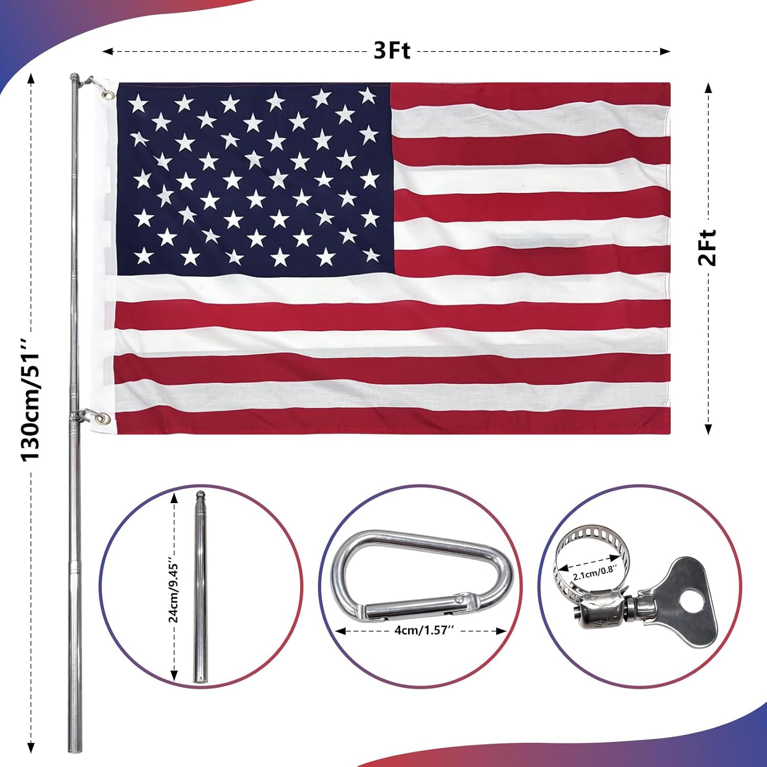 Homissor 2 Packs American Flag 2x3 Ft for Classroom with Portable Flag Pole Telescoping 51'' Flagpole Kit US Flags USA Banner with Flagpole Clips and Carabiners