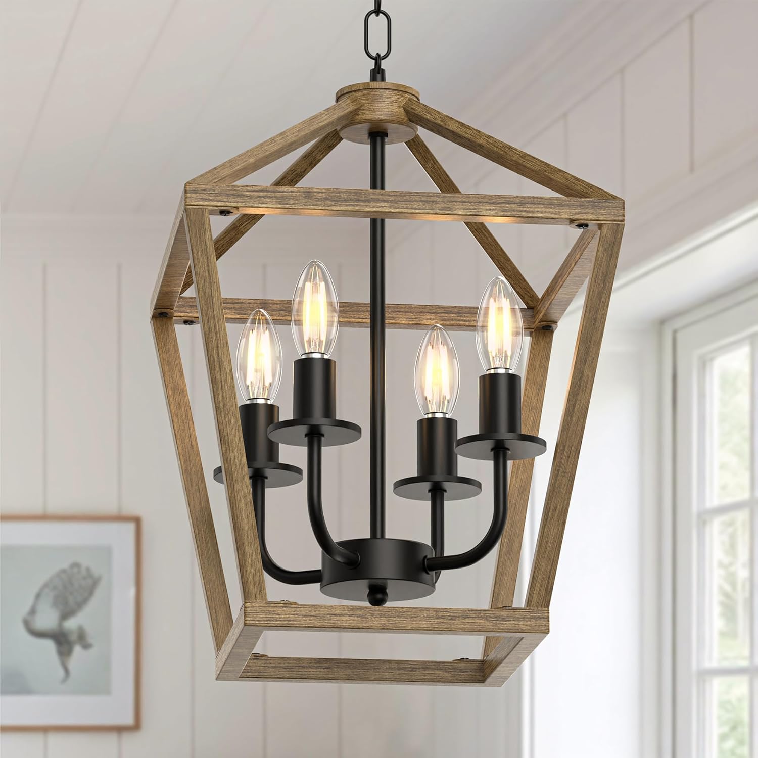 Farmhouse Lantern Chandelier 4-Light, Industrial Brushed Rustic Oak Ceiling Light Fixture with Open Cage and Adjustable Hanging Height,Kitchen Island, Dining Room, Entryway, Foyer