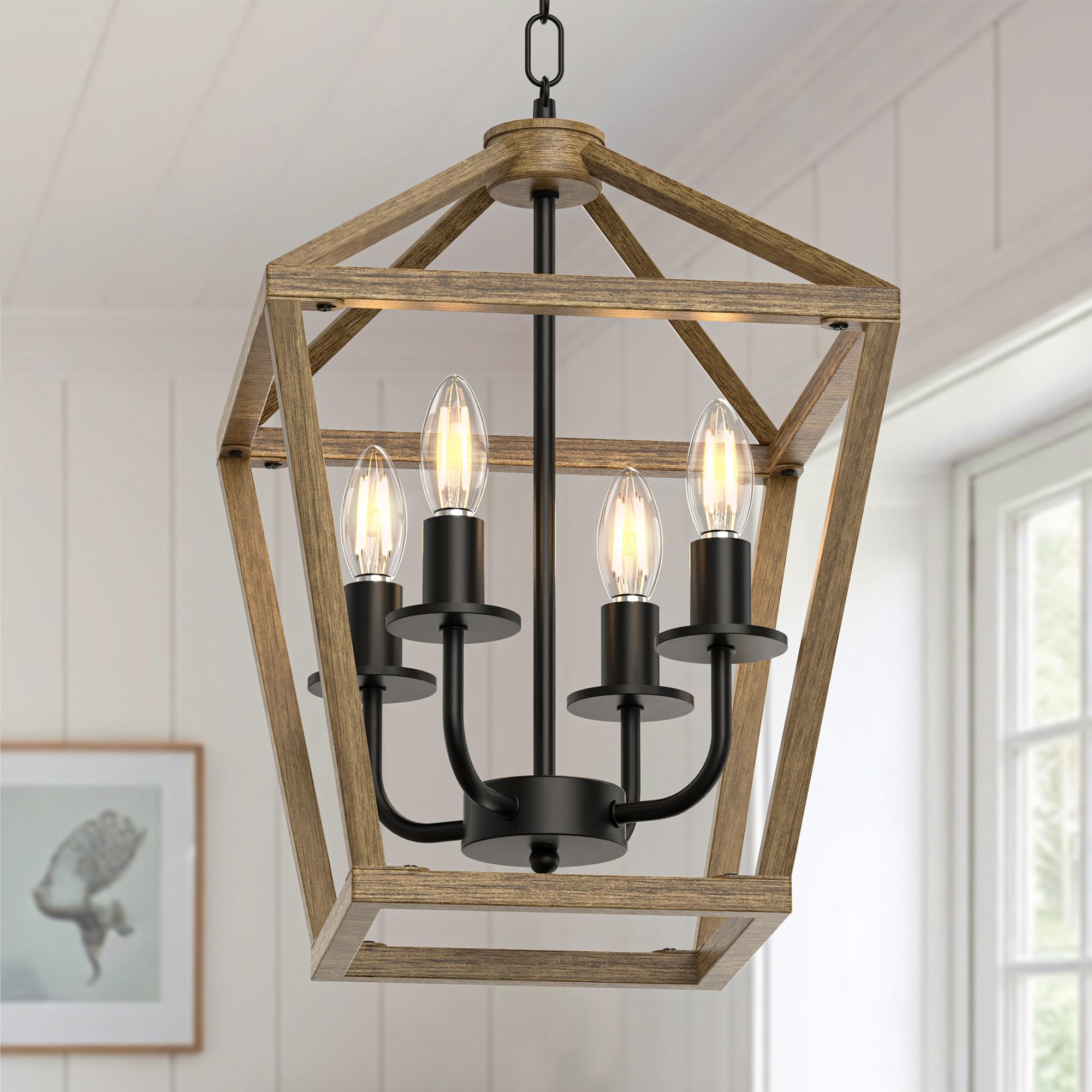Phaosio 4 Light Lantern Chandelier, Farmhouse Rustic Industrial Metal Cage Pendant Ceiling Light Fixture, Adjustable Height Hanging Lighting for Kitchen Island and Entryway -Brushed Rustic Oak