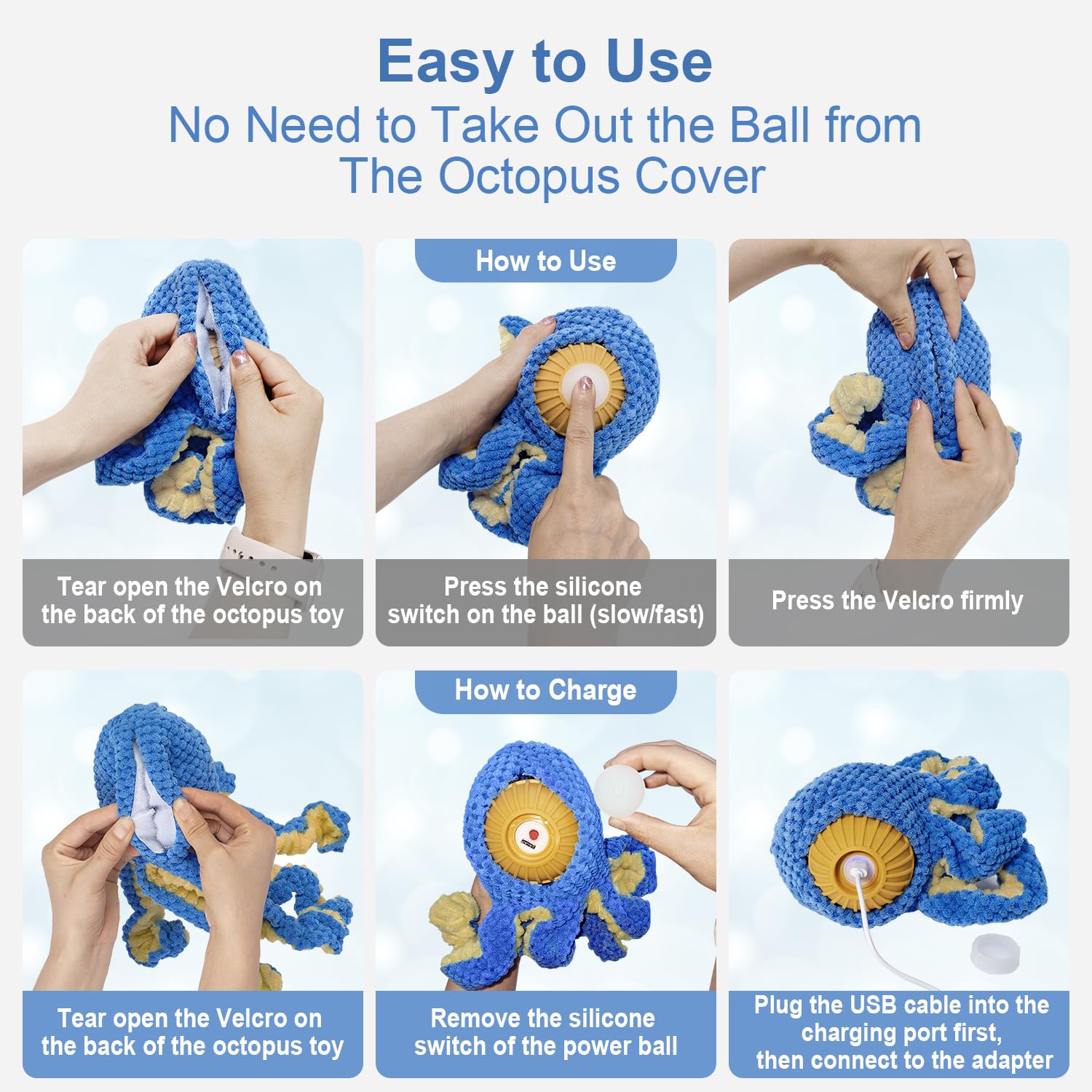 Interactive Dog Toys Octopus,Durable Automatic Jumping Dog Toy to Keep Them Busy,Squeaky Moving Tug of War Doggie Toy,USB Rechargeable,Not for Aggressive Chewers (Blue) - image 3
