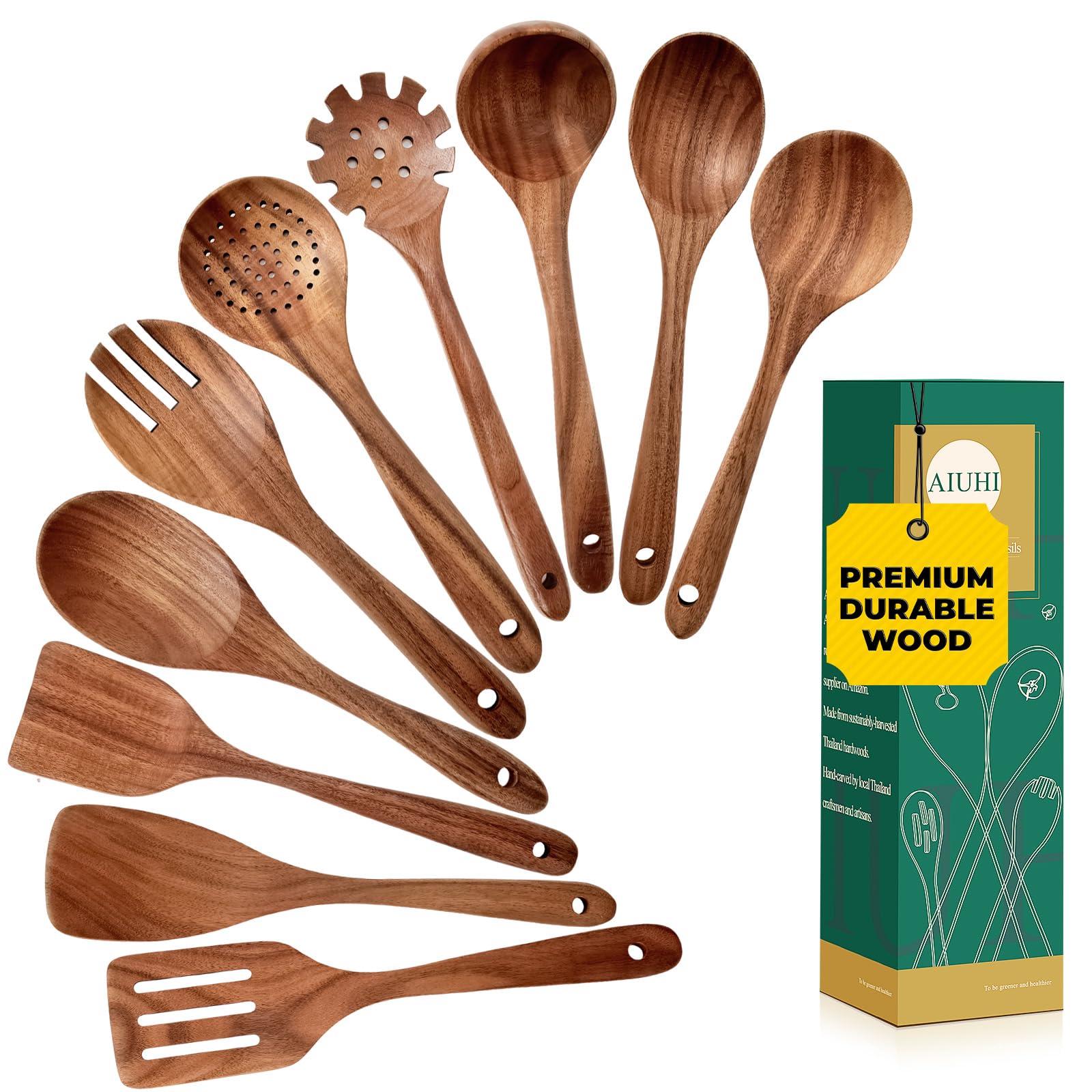 – AIUHI Wooden Kitchen Utensils Set, 10 Pcs Teak Wood Spoons for Cooking, Wooden Cooking Utensils for Non-stick Pan & Cookware