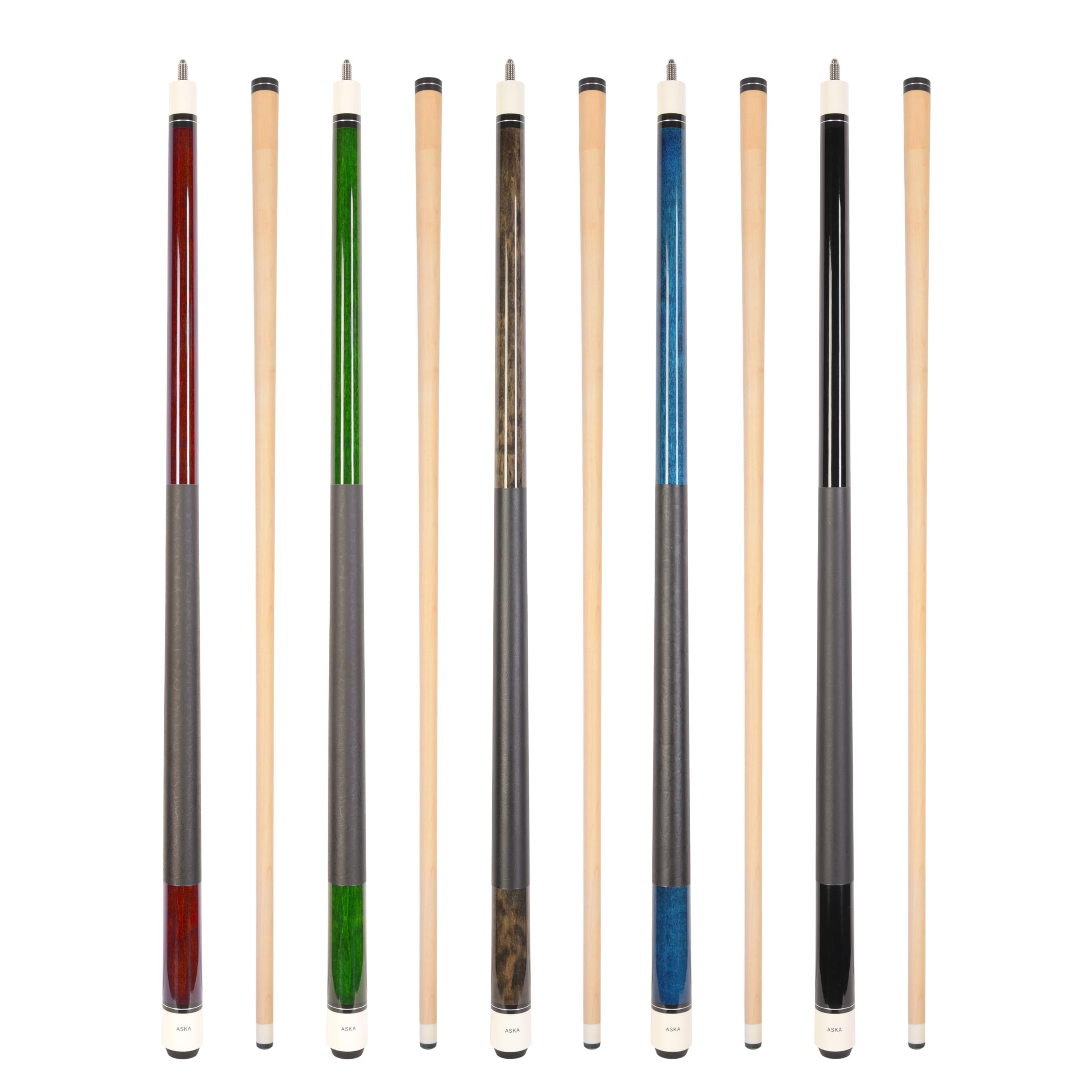 'ASKA Set of 5 Pool Cue Sticks 58'', 2-Piece Construction, 5/16x18 Joint, Hard Rock Canadian Maple, 13mm Hard Glued On Tip, Mixed Weights and Colors, Choice of Style'