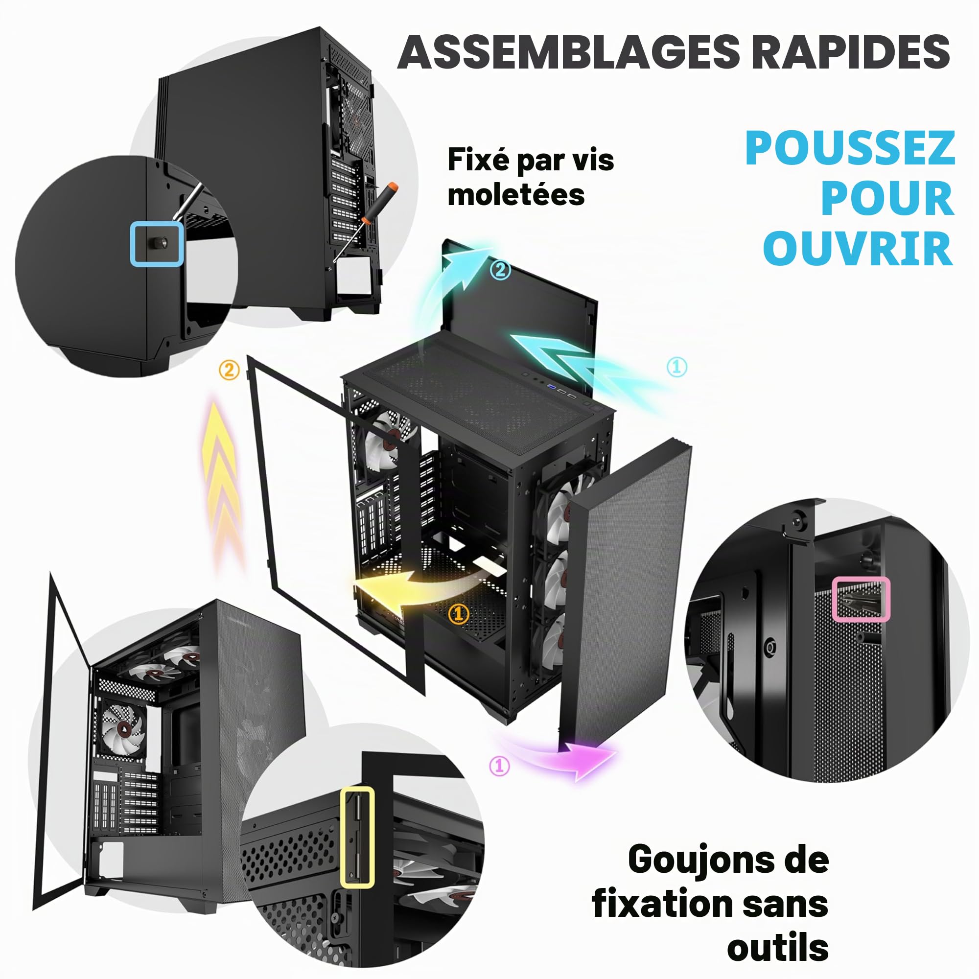 KEDIERS Boitier PC - 6 Ventilateurs PWM préinstallés, boitier de Jeu ATX Mid Tower en Maille avec Panneau latéral ouvrant en Verre trempé Noir