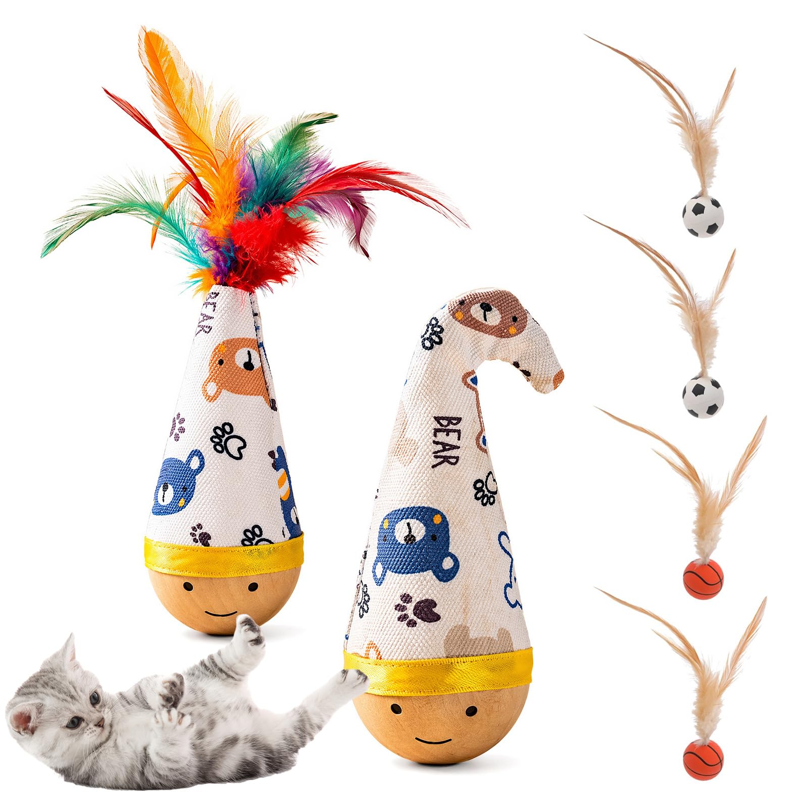 6 Set Cute Cat Toys for Indoor Cats Adult and Kittens, 2 Interactive Cat Tumbler Toy with Feathers & 4 High-Rebound Rubber Balls, Durable Tumbler Wood Toy for Kick Hunting Instinct Boredom & Exercise