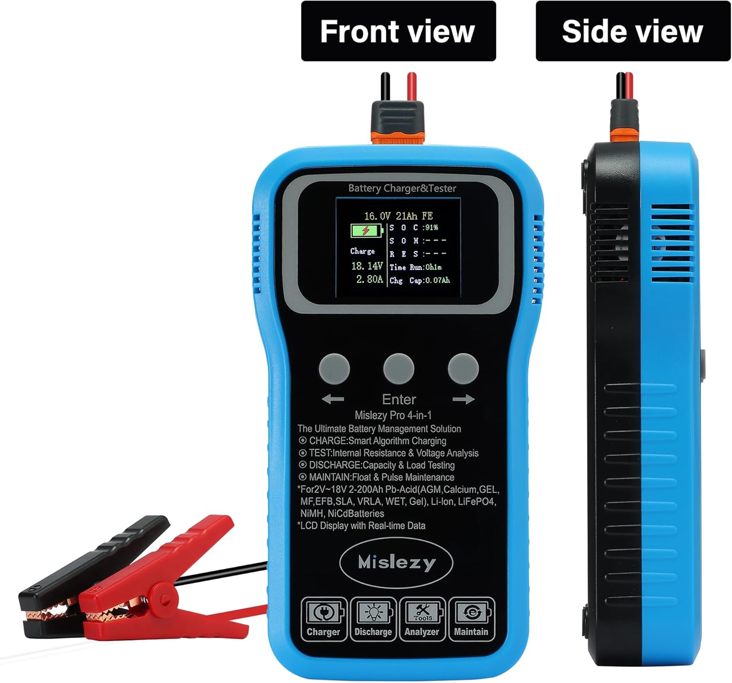 6V 12V 24V All-in-One Smart Battery Charger, Maintainer, Tester, Desulfator & Load Discharger,Color LCD Display,Battery Equalization for Car, Truck, Motorcycle, RV, Marine, Li-ion LiFePO4 Pb-Acid NiMH