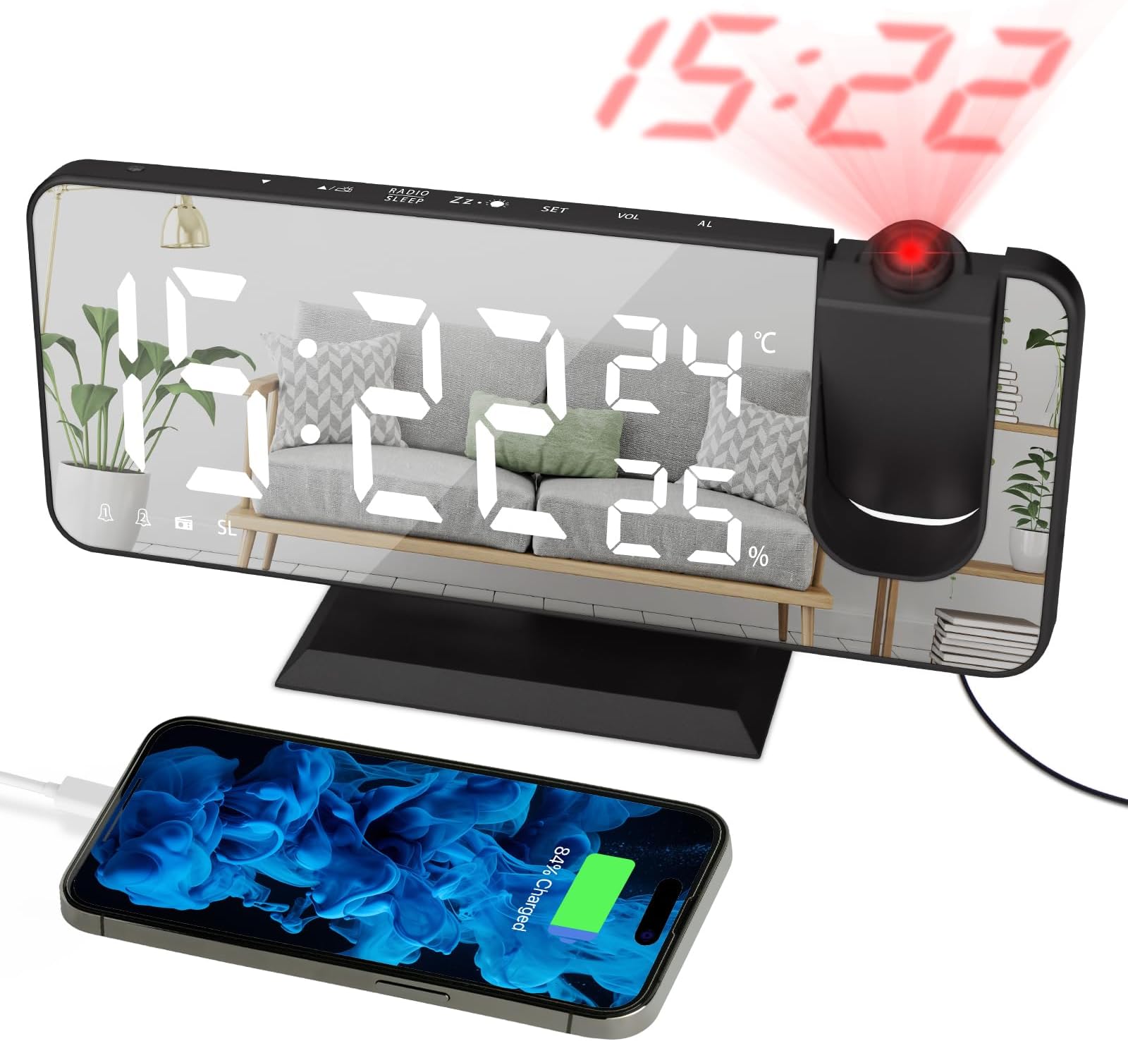 – Digital Alarm Clock Projector Radio Clock LED Temperature Display Radio Projection Clock USB Charging Port 180° Rotable Projection Time-Black