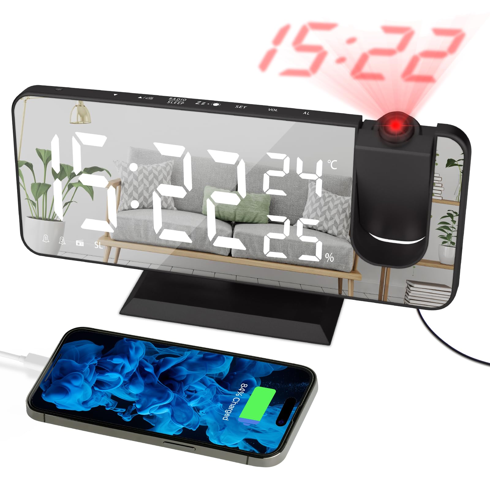 Digital Alarm Clock Projector Radio Clock LED Temperature Display Radio Projection Clock USB Charging Port 180° Rotable Projection Time-Black