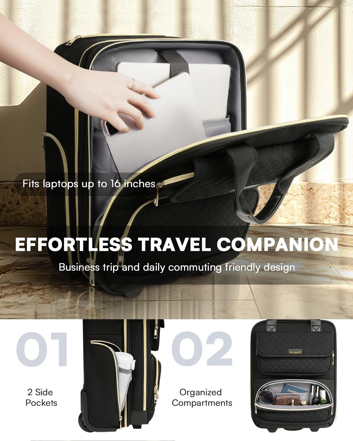 Rolling Laptop Bag, Rolling Briefcase for Women with Waterproof Pocket, Airline Approved Personal Item Bag, 16-Inch Overnight Underseat Carry On Luggage with Wheels for Work, Bussiness, Travel, Black - Image 3