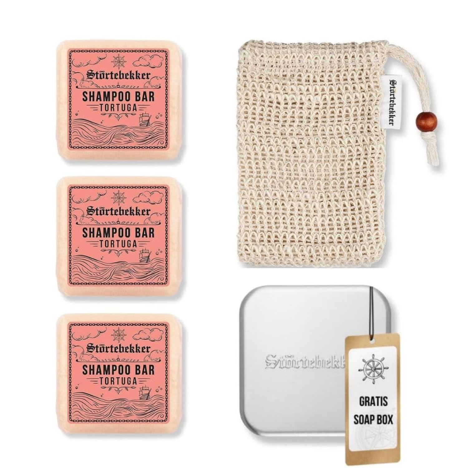 Störtebekker® Premium Duschset - Festes Shampoo Tortuga (x3), Sisalsäckchen + GRATIS Seifendose Aluminium - Shampoo Bar Set für Haare, Kopfhaut & Bart - Handgefertigt in Seifenmanufaktur