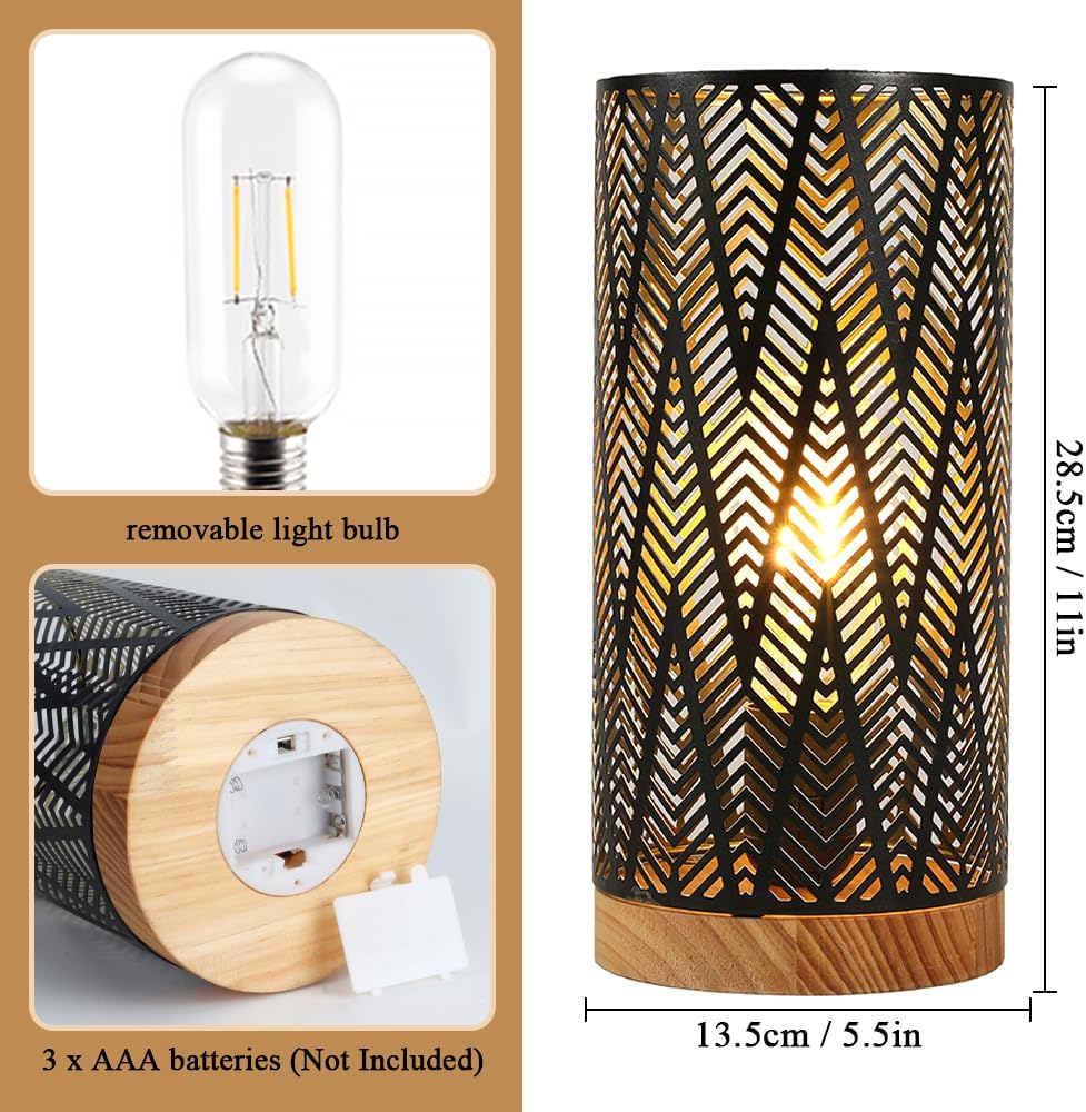 JHY DESIGN Metal Lamp Battery Powered 11''H Accent Cordless Decor Battery Lamp with 6-Hours Timer for Weddings Party Patio Garden Indoor Outdoor Table Balcony Christmas Decorations (with Wooden Base)