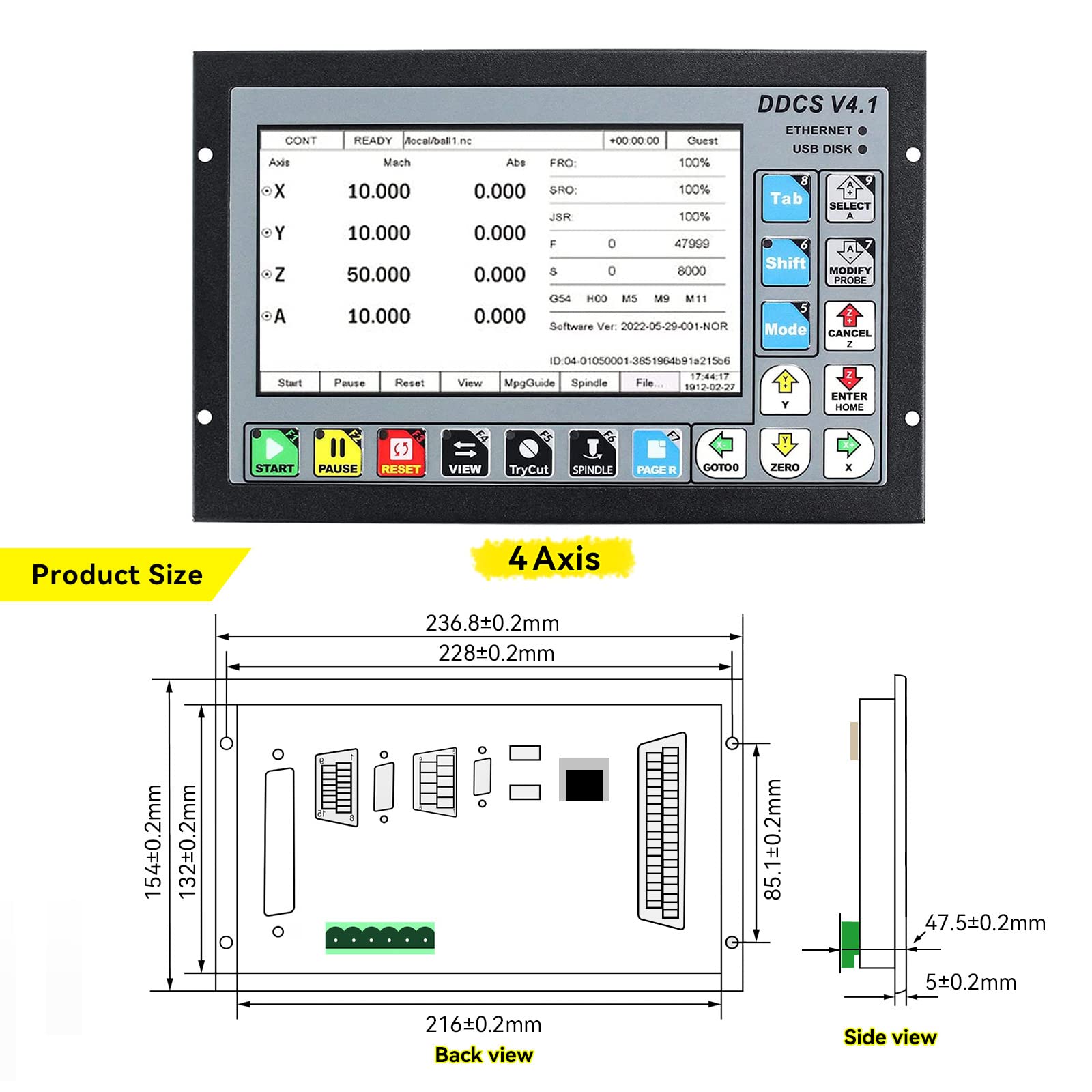 RATTMMOTOR Système de contrôle cnc 4 axes, DDCS V4.1 Hors ligne Motion Controller PLC avec 100PPR Flyer Interrupteur d'urgence pour moteur pas-à-pas/servomoteur