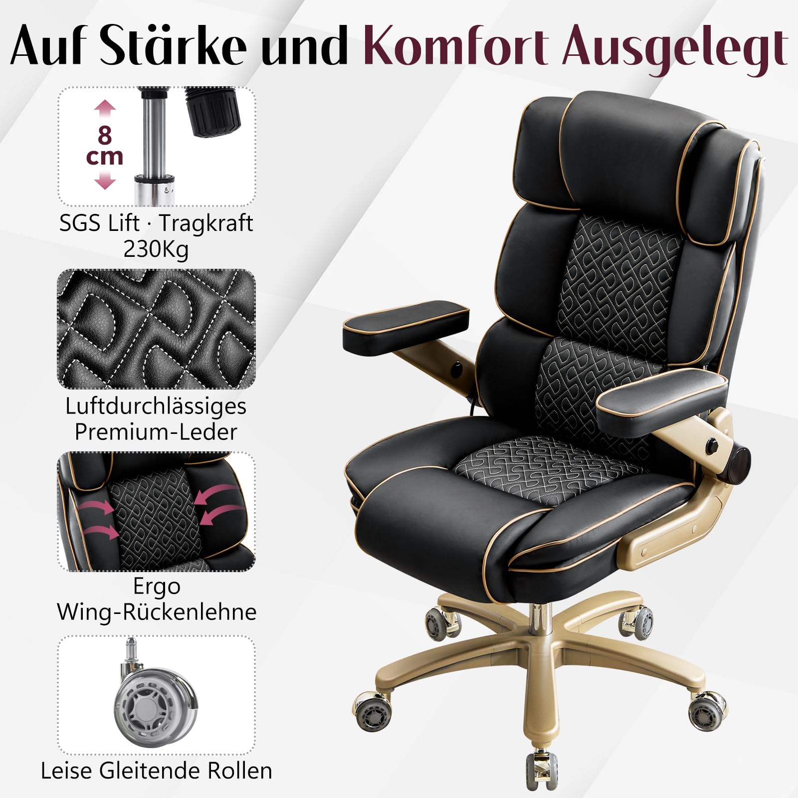 Big and Tall Bürostuhl 230kg, Ergonomischer Chefsessel aus Leder mit Komfortsitz, 5D Armlehnen, Verstellbarer Lendenstütze, Hoher Rücken, Großer Drehstuhl für Home Office, Schwarz