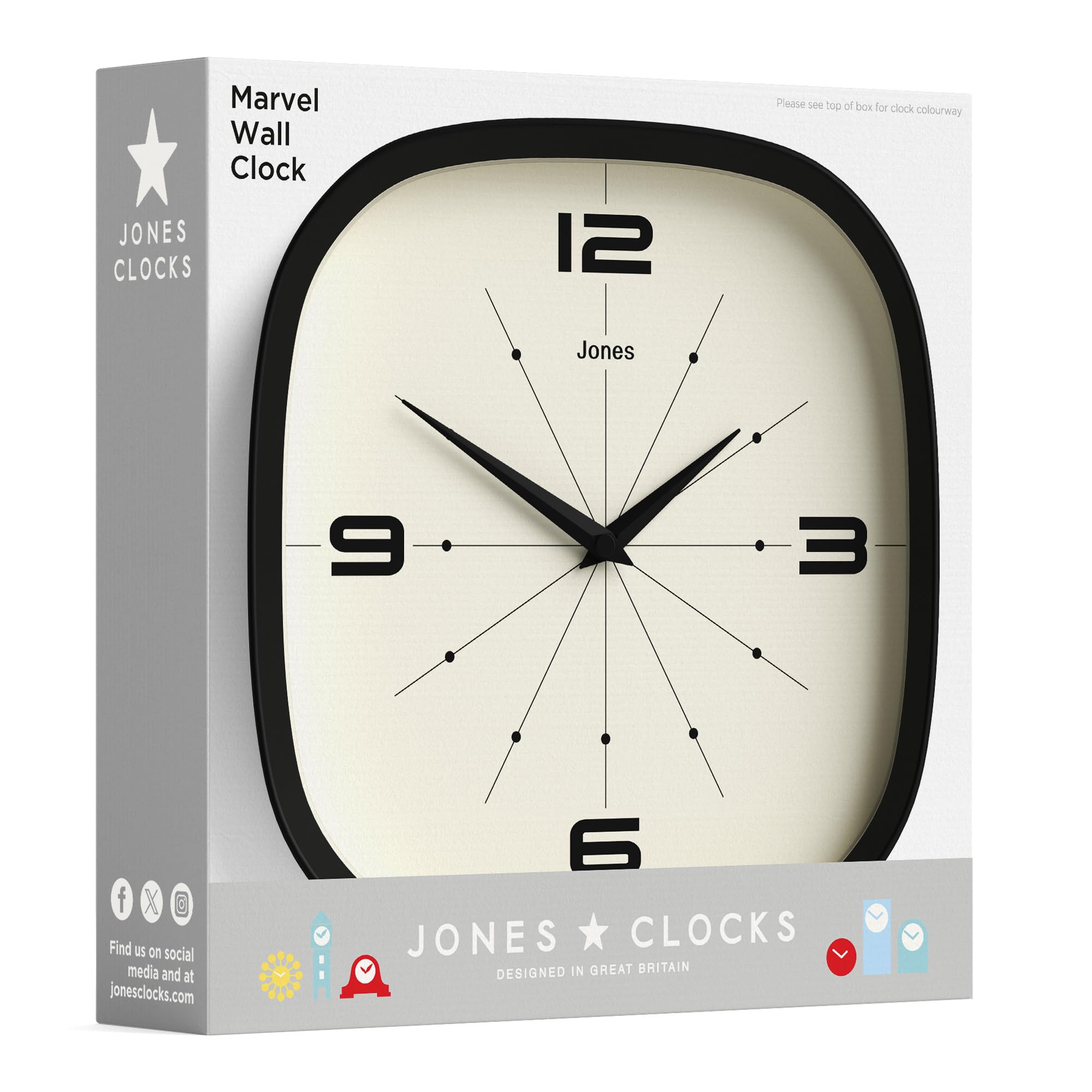JONES CLOCKS Pulsar Horloge Murale 25cm Orange Rétro Carrée Arrondie