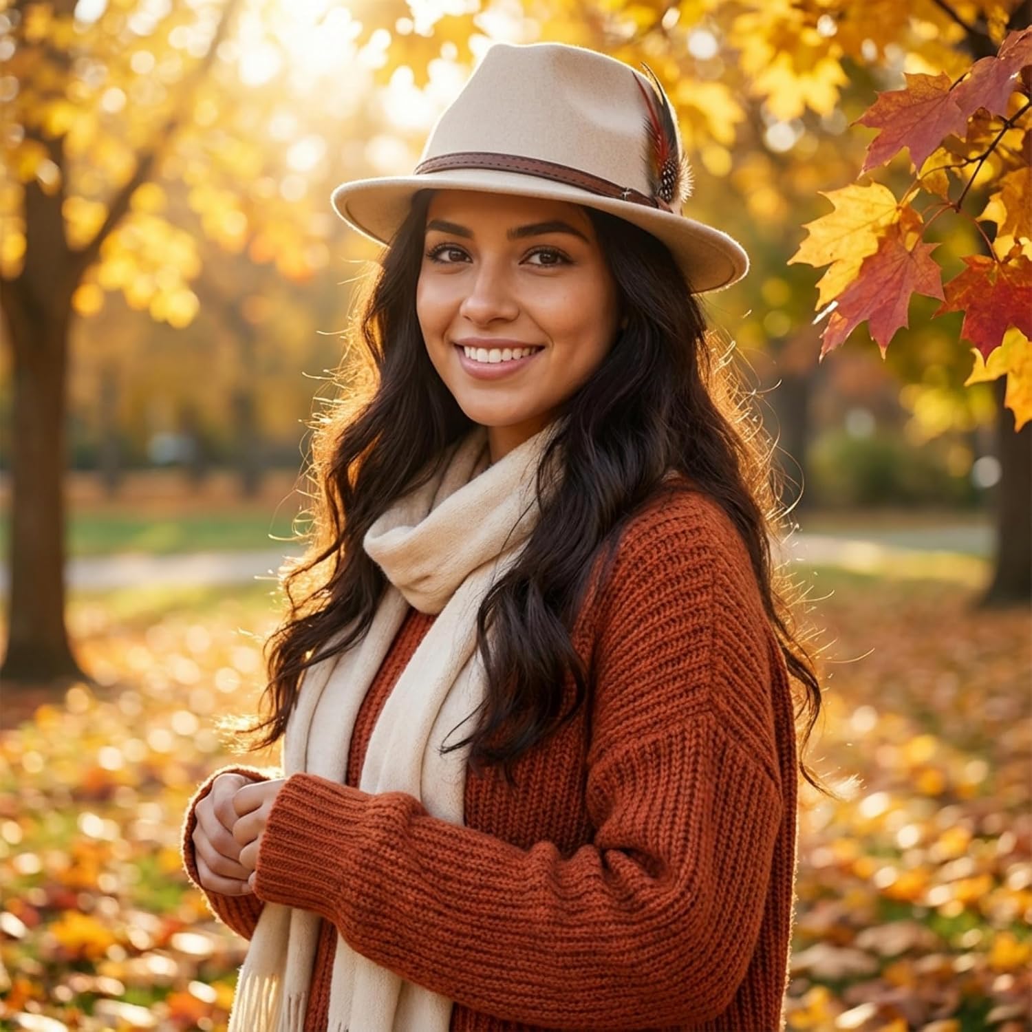 Fedora Hat for Women, Vintage Style Short Brim Felt Panama Hat with Feather Winter Warm Adjustable Jazz Cap - Image 3