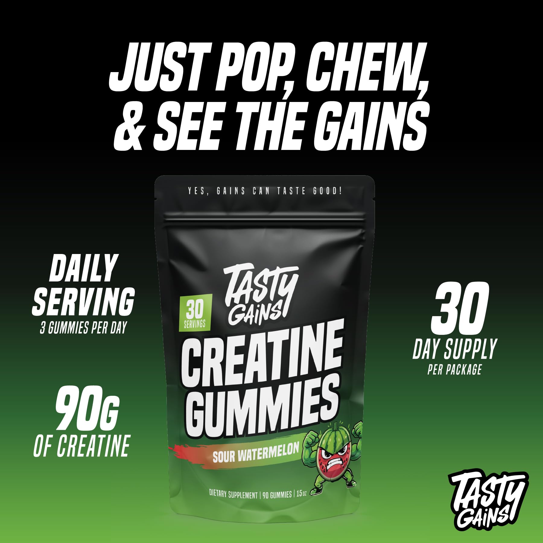 TASTY GAINS Creatine Gummies, 90g of Creatine, Non-GMO, Vegan - Build Muscle & Boost Strength for Men & Women (3g Creatine Monohydrate Per Gummy) Made in USA (90, Sour Watermelon) — Amazon image 3