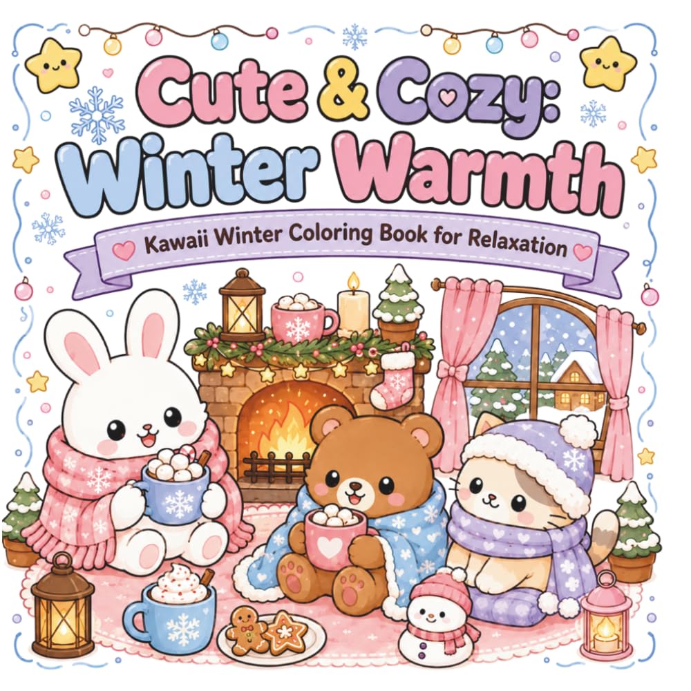 Cute & Cozy Winter Warmth Coloring Book for Adults and Kids:: Adorable Kawaii Animals, Snowy Scenes, Relaxing Stress Relief Coloring Pages