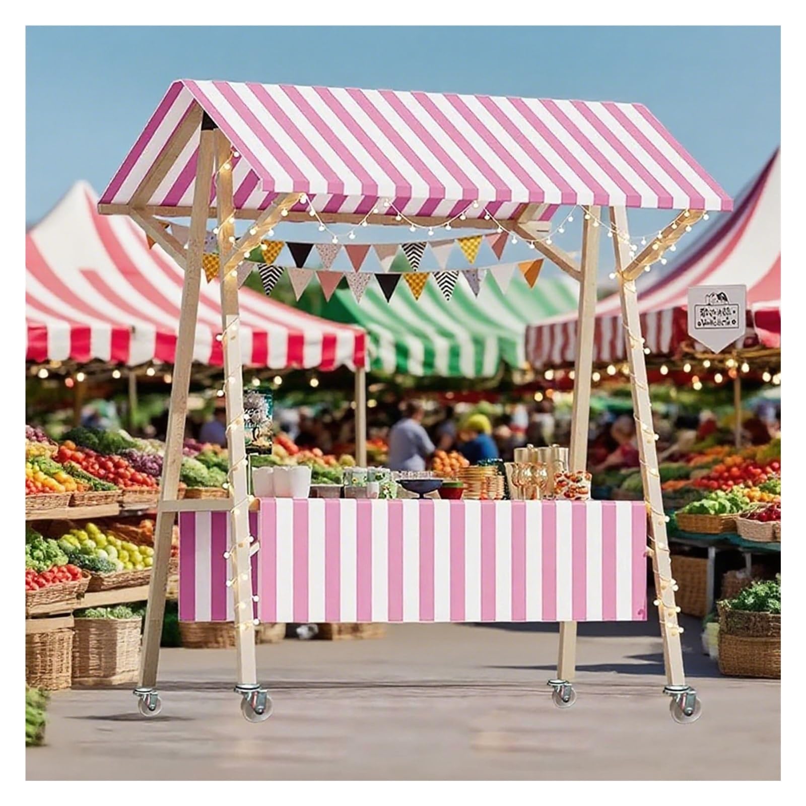 Quiosco plegable de madera para mercados con ruedas para venta ambulante en festivales, playas y mercados de agricultores