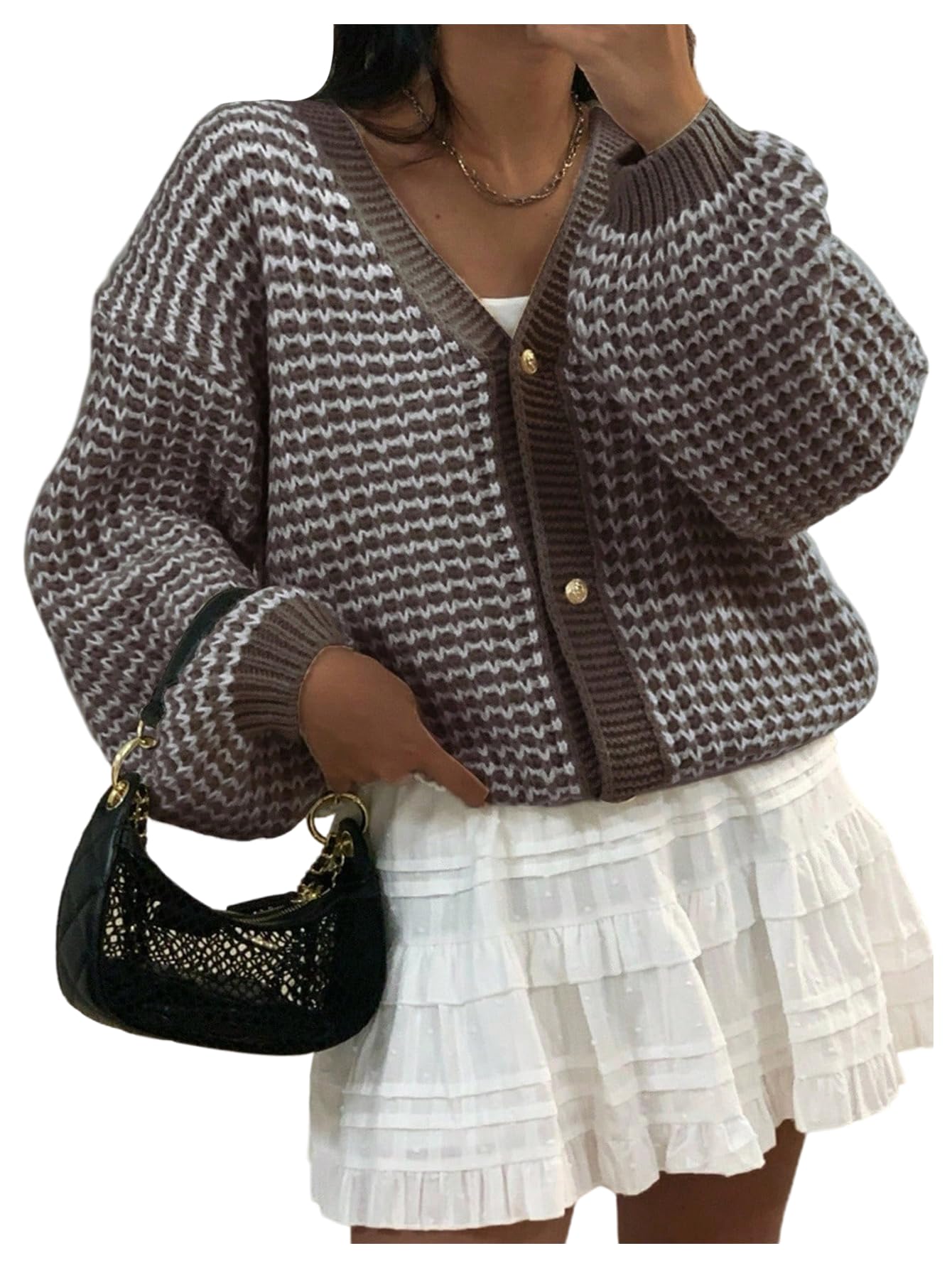 Verdusa Womens Striped Button Up Cardigan Sweaters Elegant Drop Shoulder Knit Top Outerwear