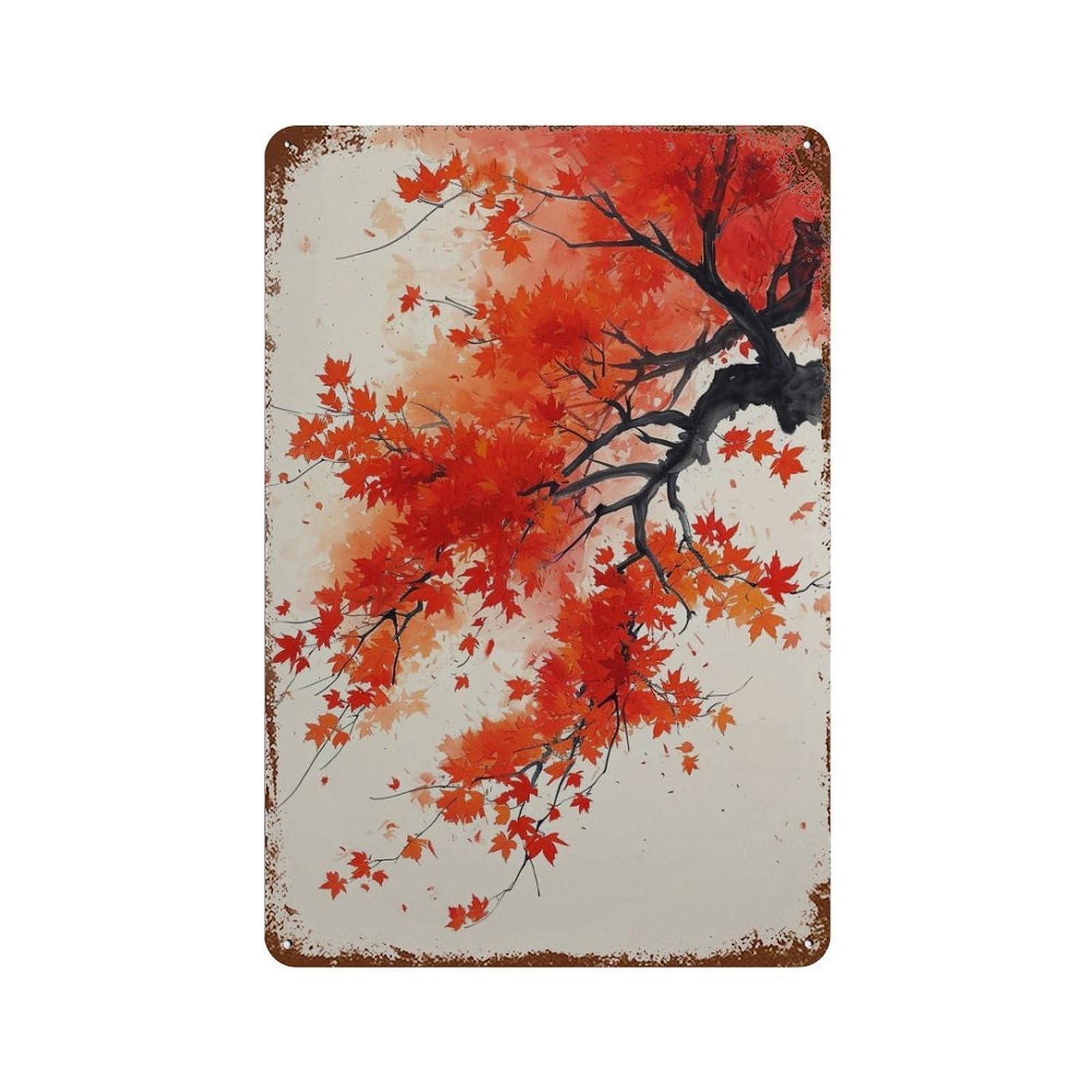 xiaoxiaoshen Japanese Maple Autumn Leaves Red Orange Foliage Asian Nature Painting Zen Botani Wall Decor Art Metal Tin Poster Modern Home Decor Art Home Bar Shop Decorations Vintage Sign 30x20cm