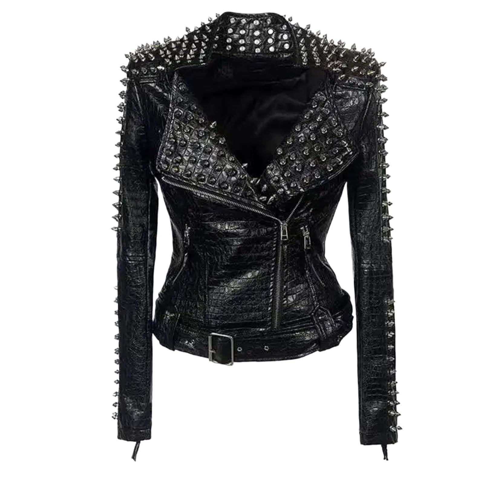 Chaqueta Cuero Mujer Abrigo de cuero invierno con múltiples remaches, chaqueta corta manga larga, moda for mujer, ropa punk rock negra Para salir