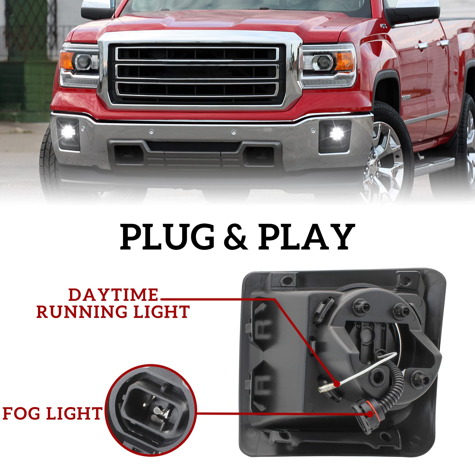 KEWISAUTO LED Fog Lights with DRL for GMC Sierra 1500 2014 2015, Bumper Driving Fog Lamps Clear Lens with Daytime Running Lights for GMC Sierra 1500 14-15 Accessories (2PCS)