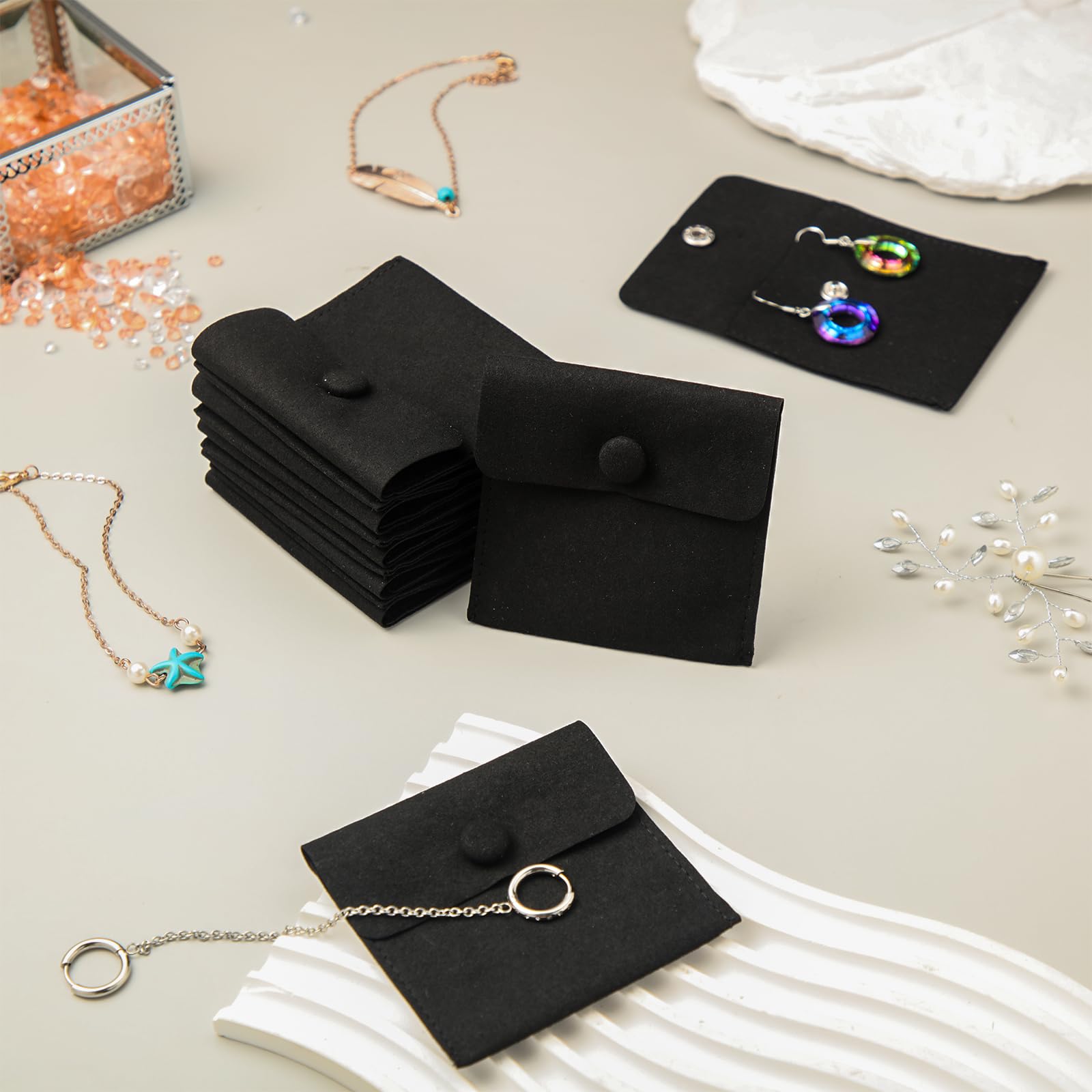 Bolsa de joyería de microfibra 8x8cm, bolsa de embalaje de joyería, bolsas de regalo de joyería pequeñas de lujo, paquete de botón a presión con divisor bolsa de microfibra para embalaje de collar de