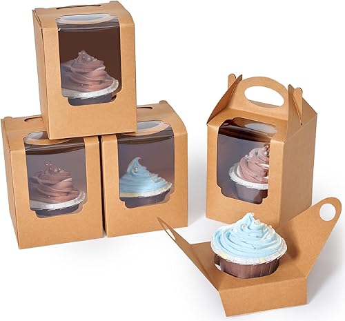 Cajas para cupcakes, 50 unidades, recipientes individuales para cupcakes marrón con inserto de ventana y asa, caja de pastelería individual soporte