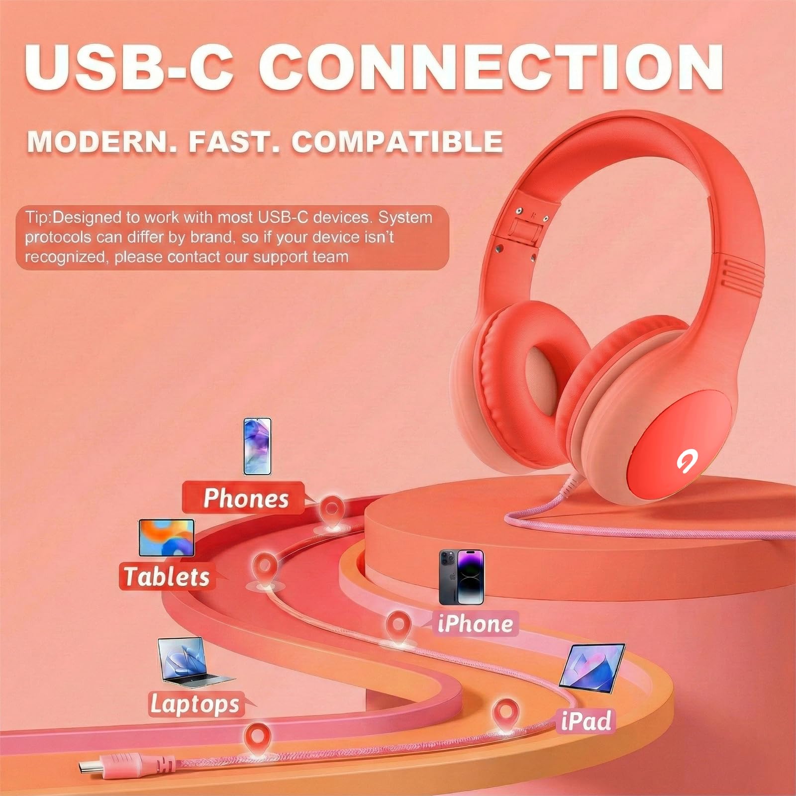 ADOOPE Cuffie cablate per bambini con spina USB C, limitazione del volume di 85 dB, protezione dell'udito sicura, archetto regolabile, senza grovigli, cuffie per scuola, tablet, viaggi (rosso sfumato)