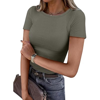 ANRABESS Women Short Sleeve Crewneck Ribbed Knit Slim Fitted Shirts Summer Tops Basic Tee Casual 2026 Spring Outfits Clothes