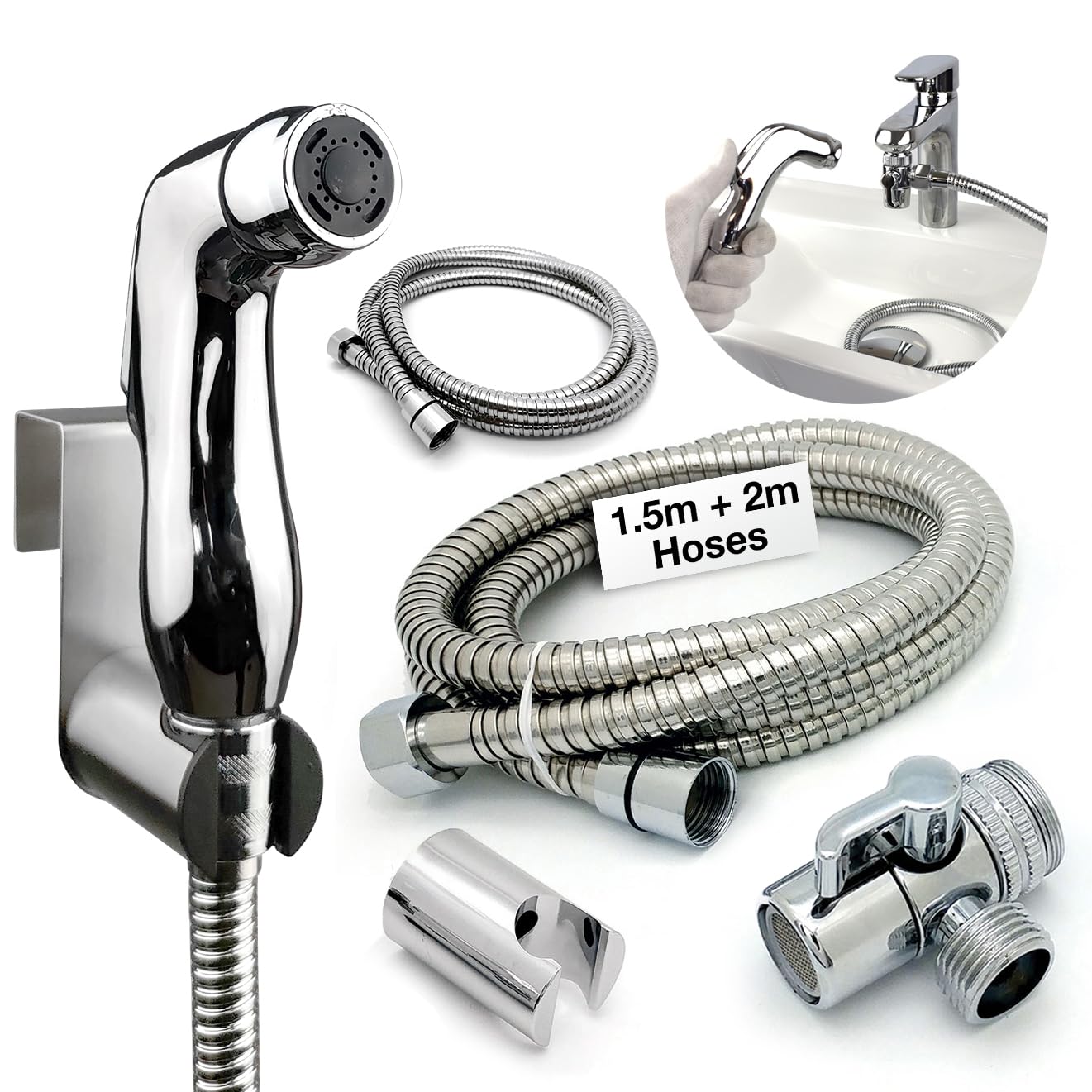 Brass Portable Bidet for Toilet UK, Muslim Shattaf Tap Diverter, Douche Bidet Spray Kit for Hygiene, شطاف حمام 2 Spray Holders (Wall Mount & Toilet Hook), 2 Hoses (1.5 & 2m)