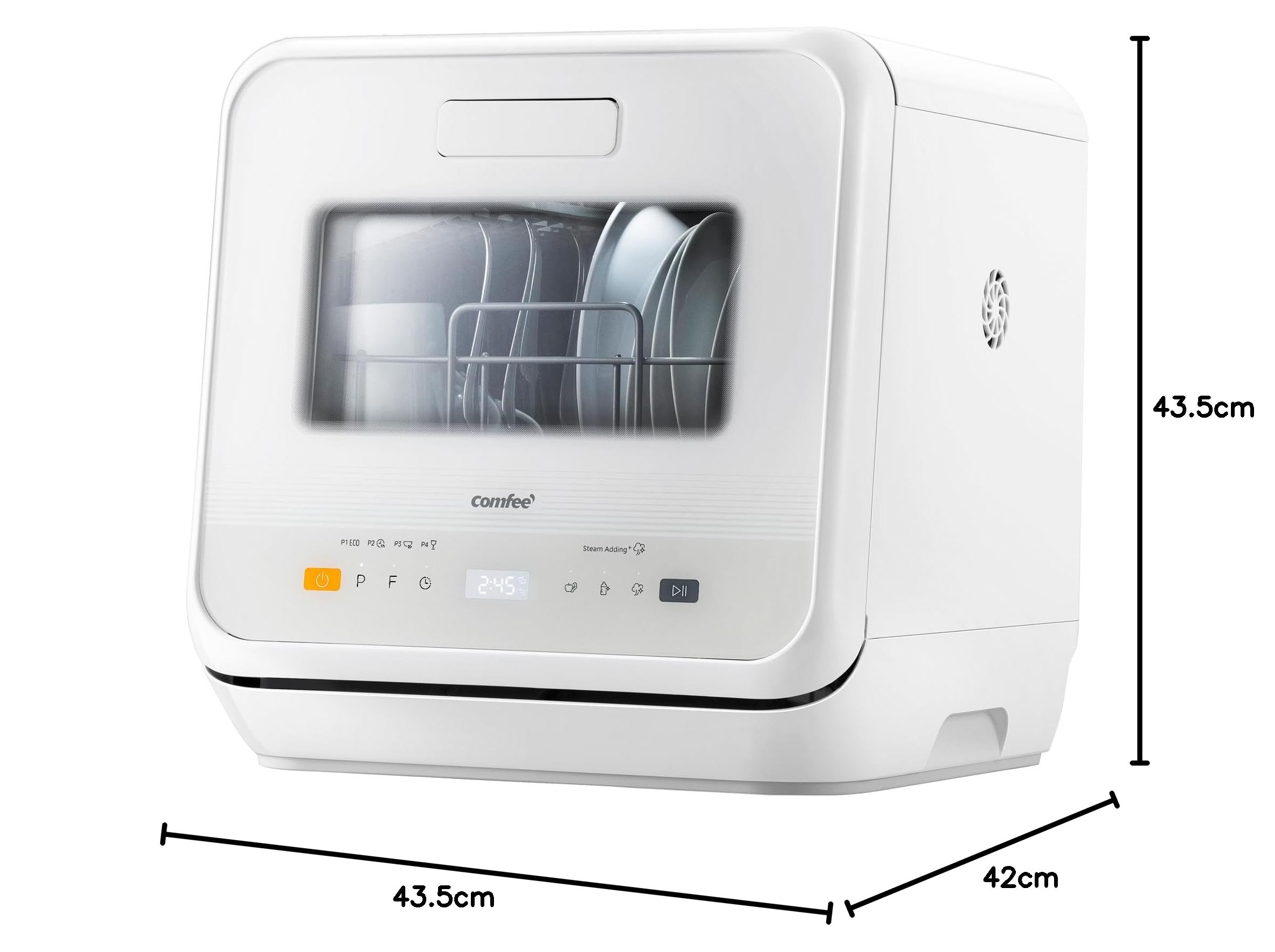 COMFEE' Mini Lavastoviglie CDWMTO201D(W) Piccola lavastoviglie da tavolo con serbatoio dell'acqua integrato da 5 l, lavaggio a vapore, stoccaggio ventilato, classe energetica D - Bianco